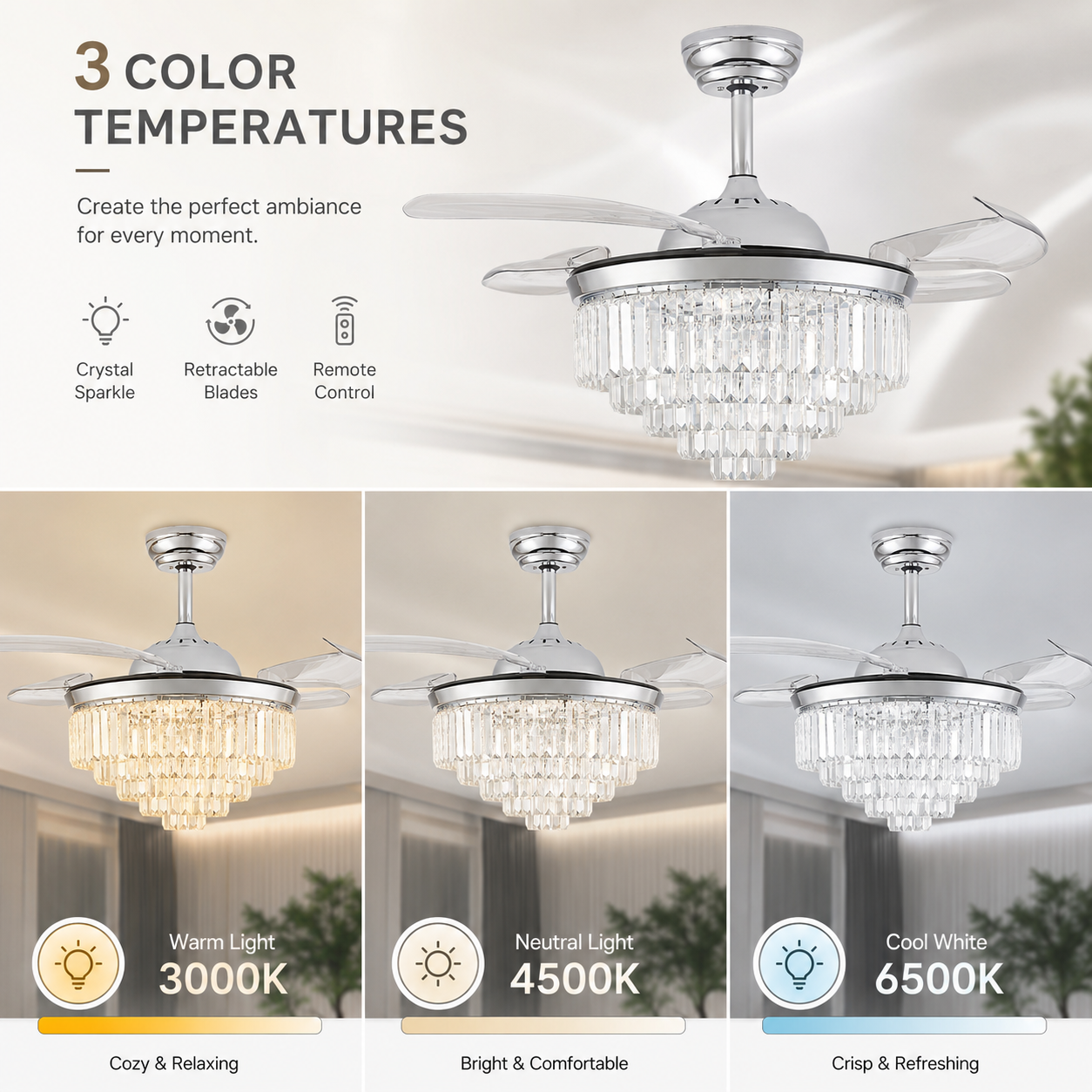 Remote Control Retractable Blades 6 Speeds 42" Crystal Ceiling Fan with Light