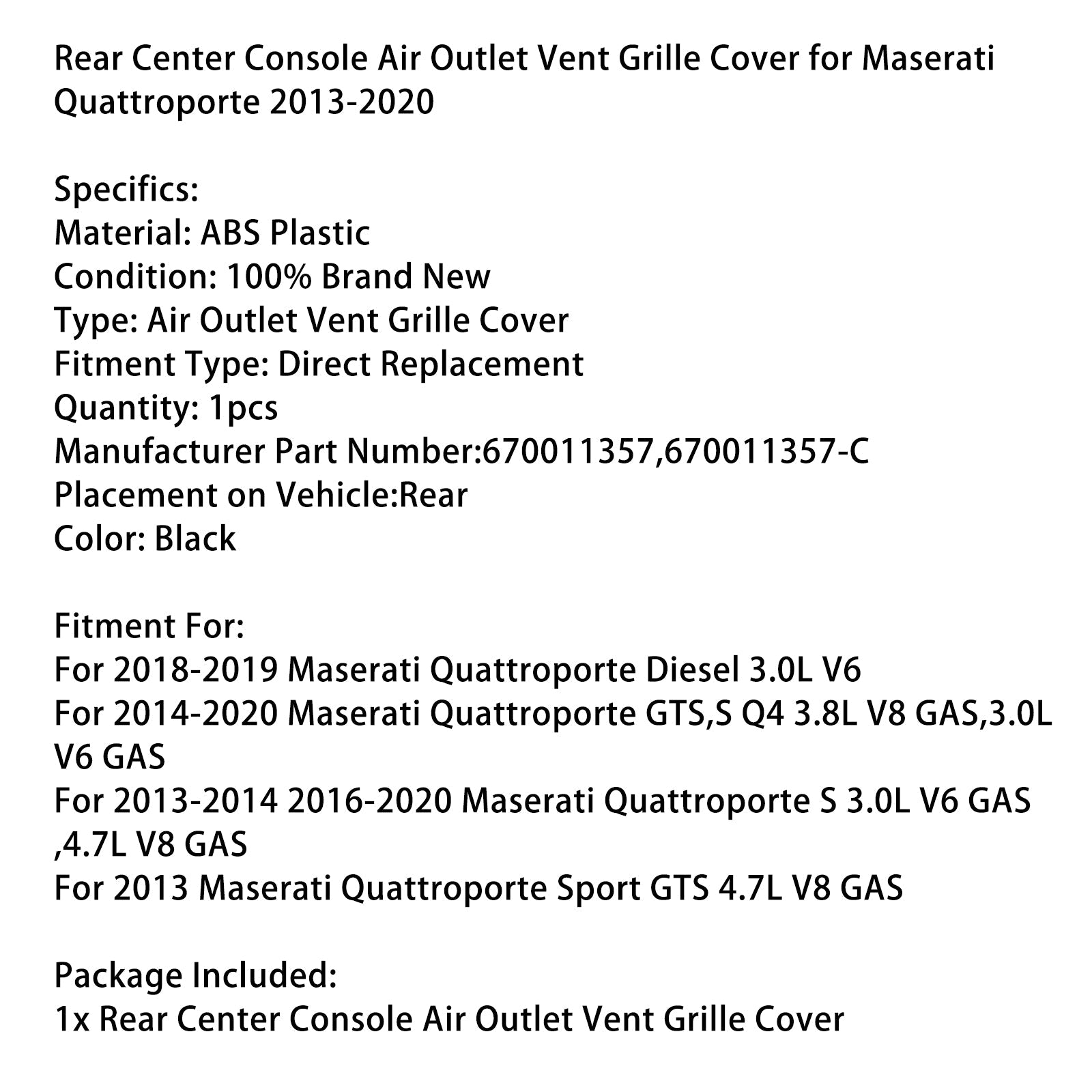 Rear Center Console Air Outlet Vent Cover For Maserati Quattroporte 2013-2020
