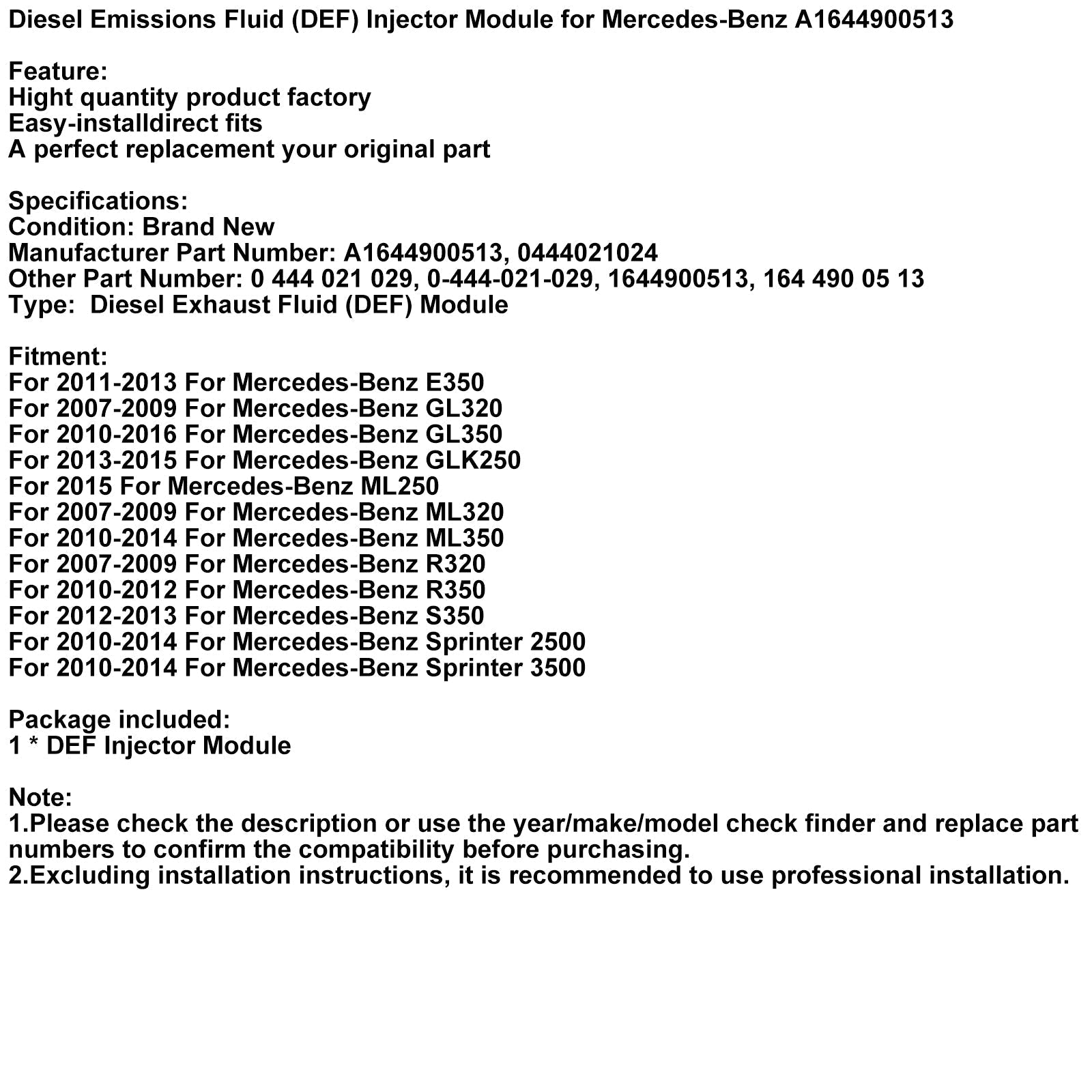 2007-2009 For Mercedes-Benz GL320 Diesel Emissions Fluid (DEF) Injector Module A1644900513