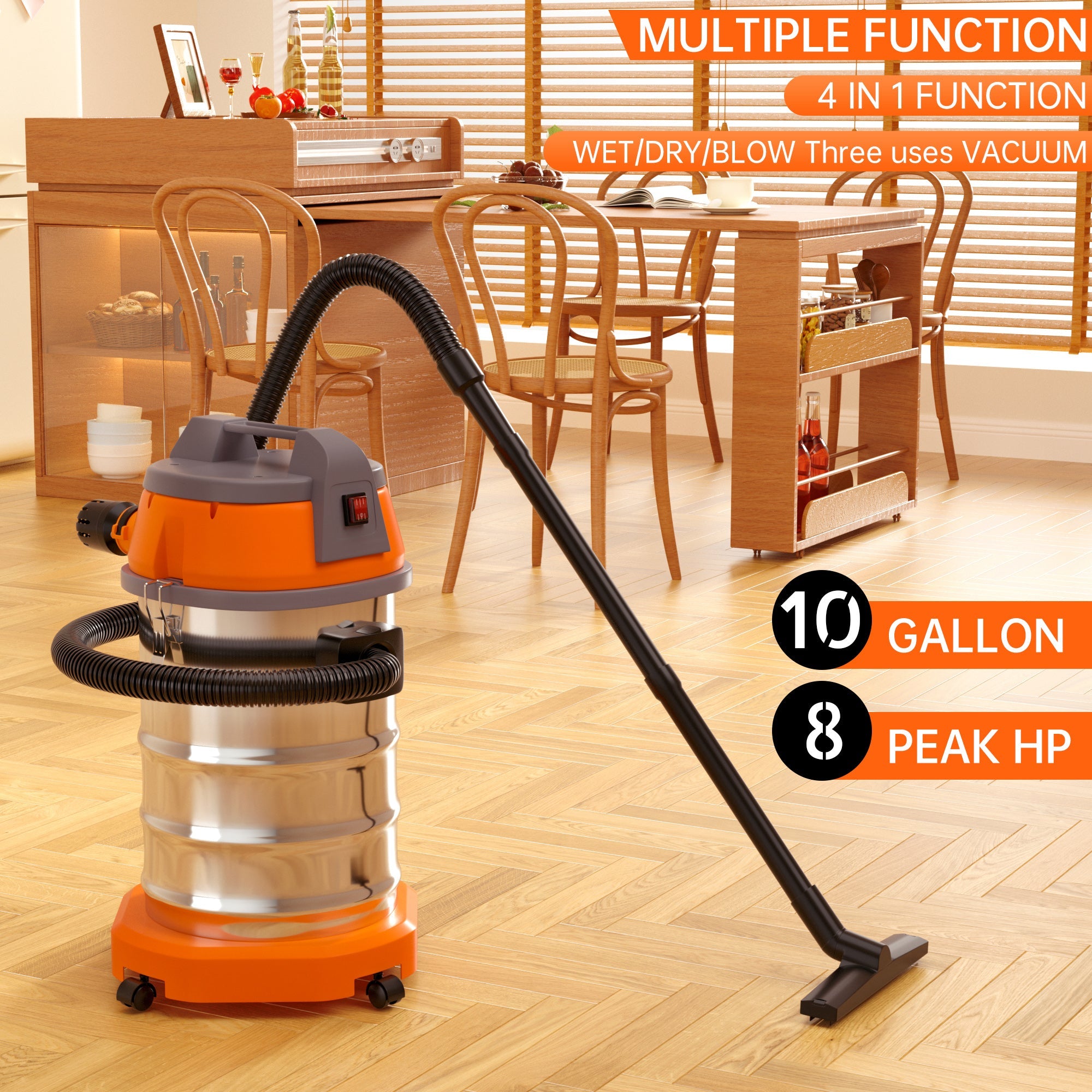Wet Dry Blow Three Uses 10 Gallon 1200w 8 Peak Hp Stainless Steel Shop Vac Vacuum Cleaner Garage Portable Car Detailing For House Garage Workshop Car