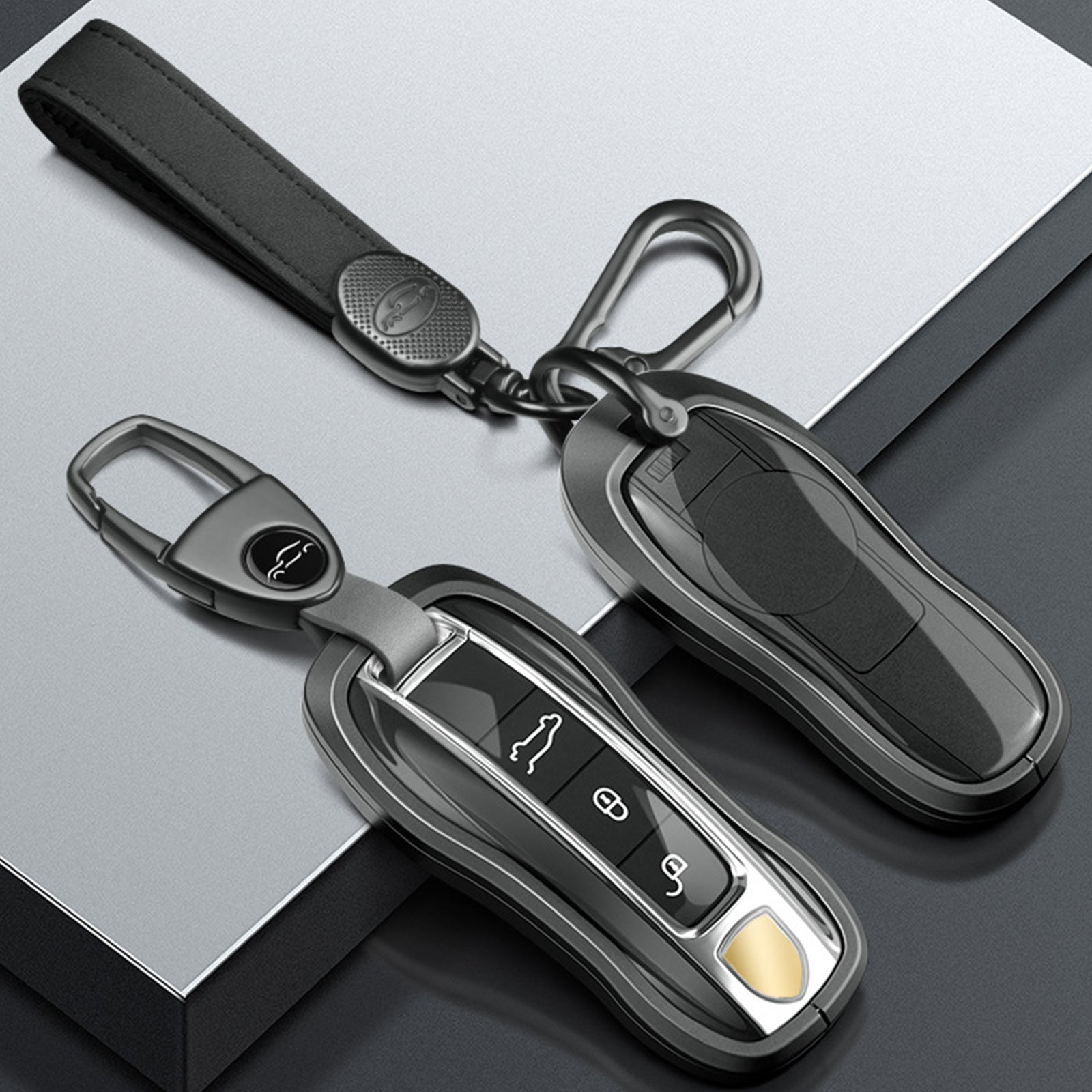 Aluminum Alloy TPU Black Car Key Case Cover With Buckle For Porsche Cayenne 911