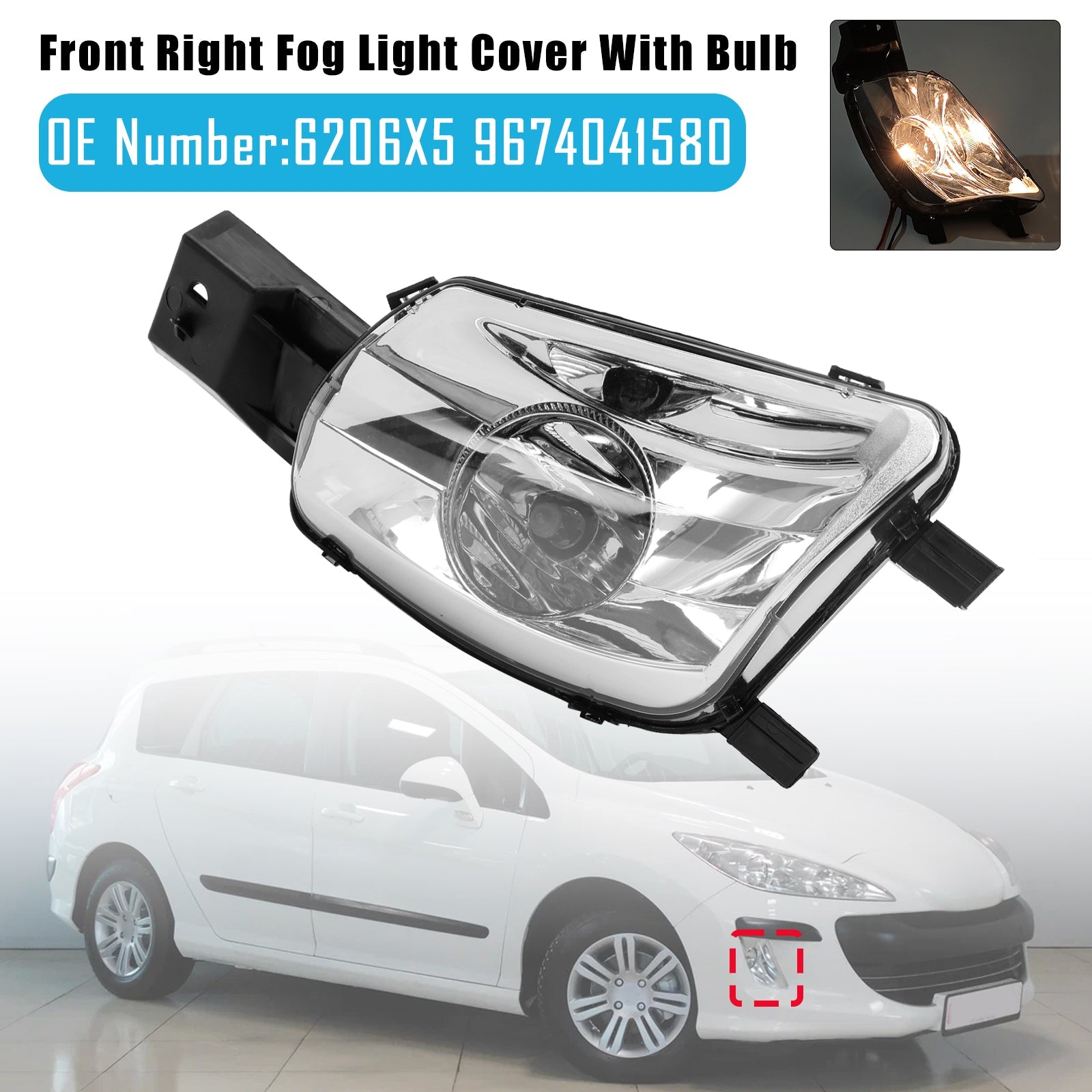 Front Right Fog Light Cover With Bulb For Peugeot 308 CC 4B Hatchback 2007-2014