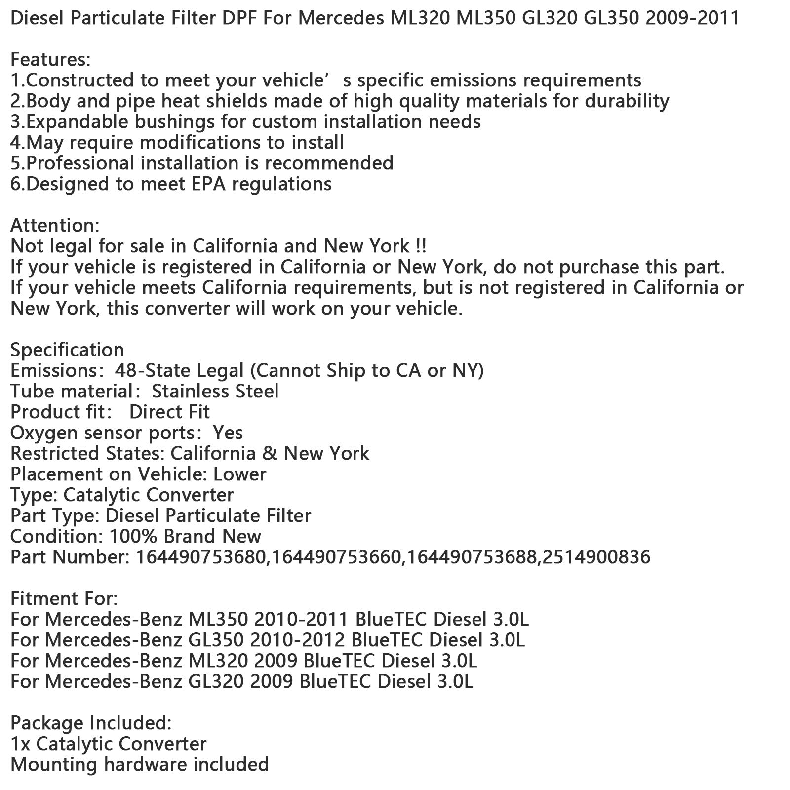 2010-2012 Mercedes-Benz GL350 BlueTEC Diesel 3.0L Diesel Particulate Filter DPF 164490753680 164490753660
