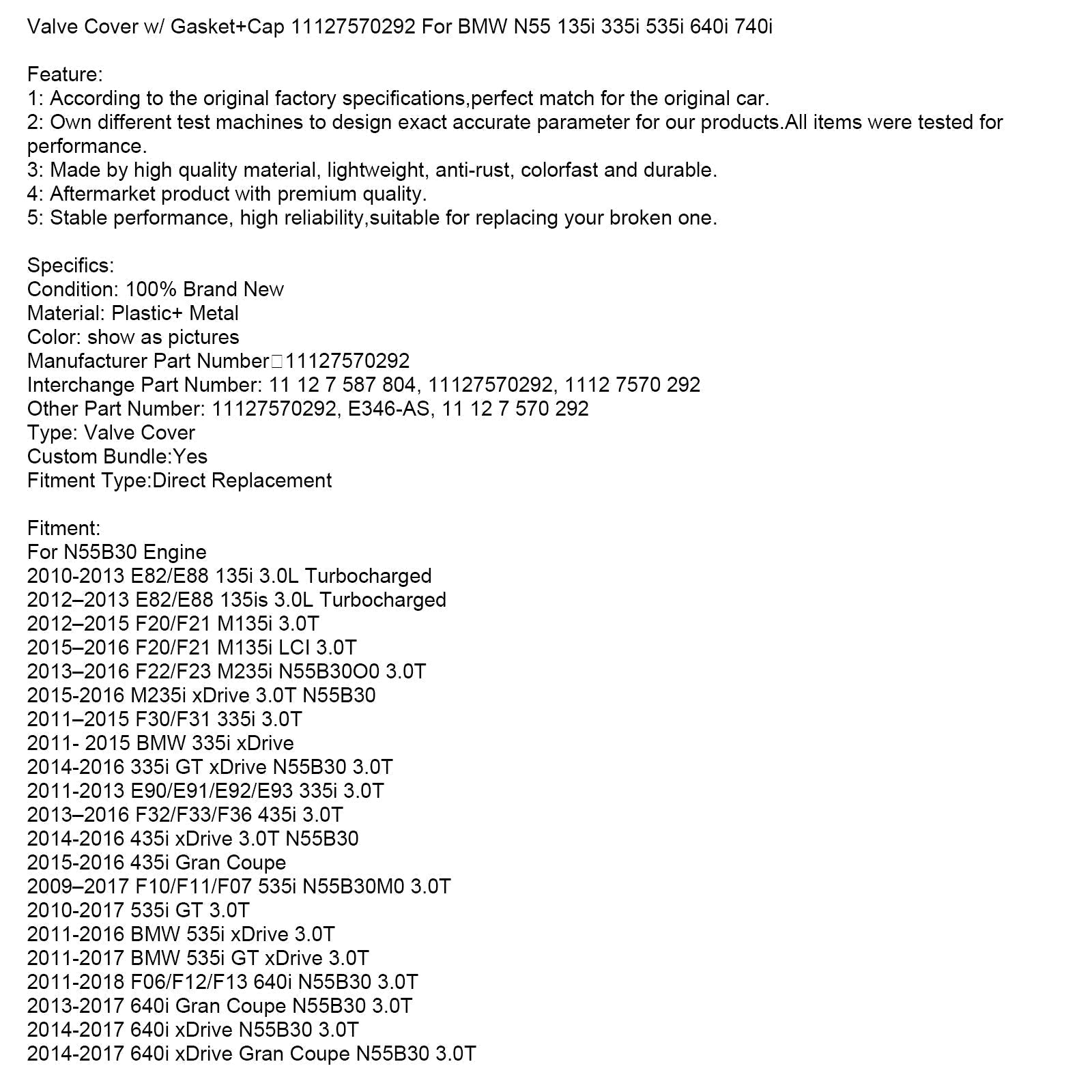 2011-2017 BMW 535i GT xDrive 3.0T Valve Cover w/ Gasket+Cap 11127570292