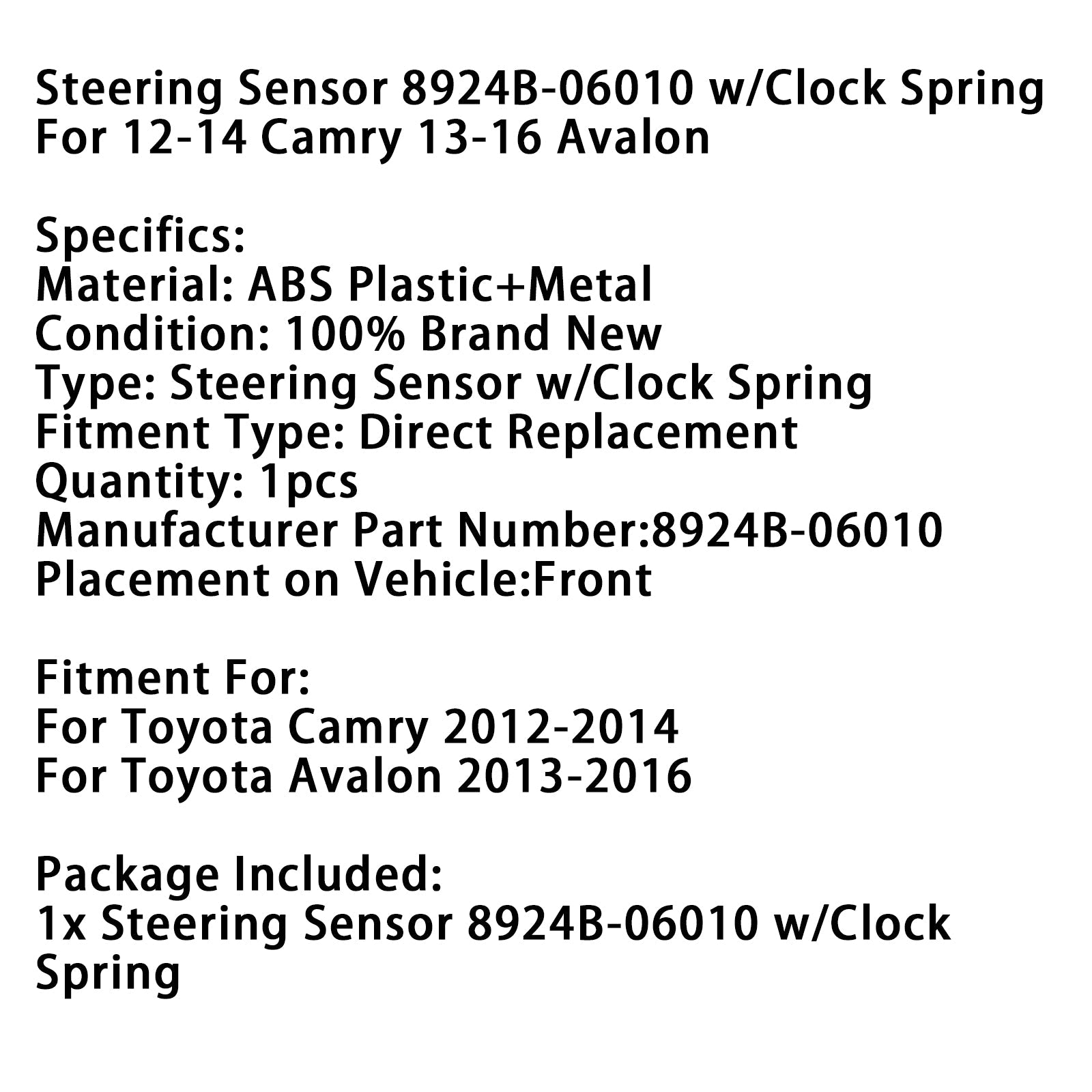 Steering Sensor 8924B-06010 w/Clock Spring For 2012-2014 Camry 2013-2016 Avalon