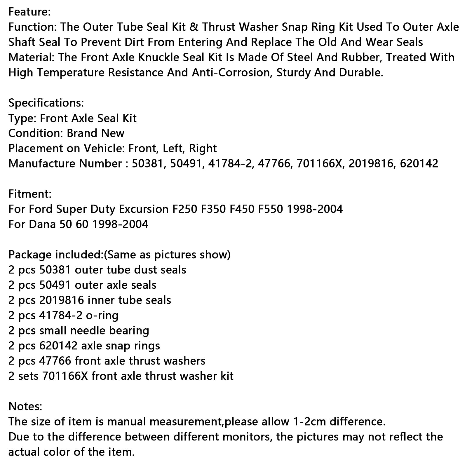 1998-2004 Dana 50 60 Front Axle Seal and Thrust Washer Kit