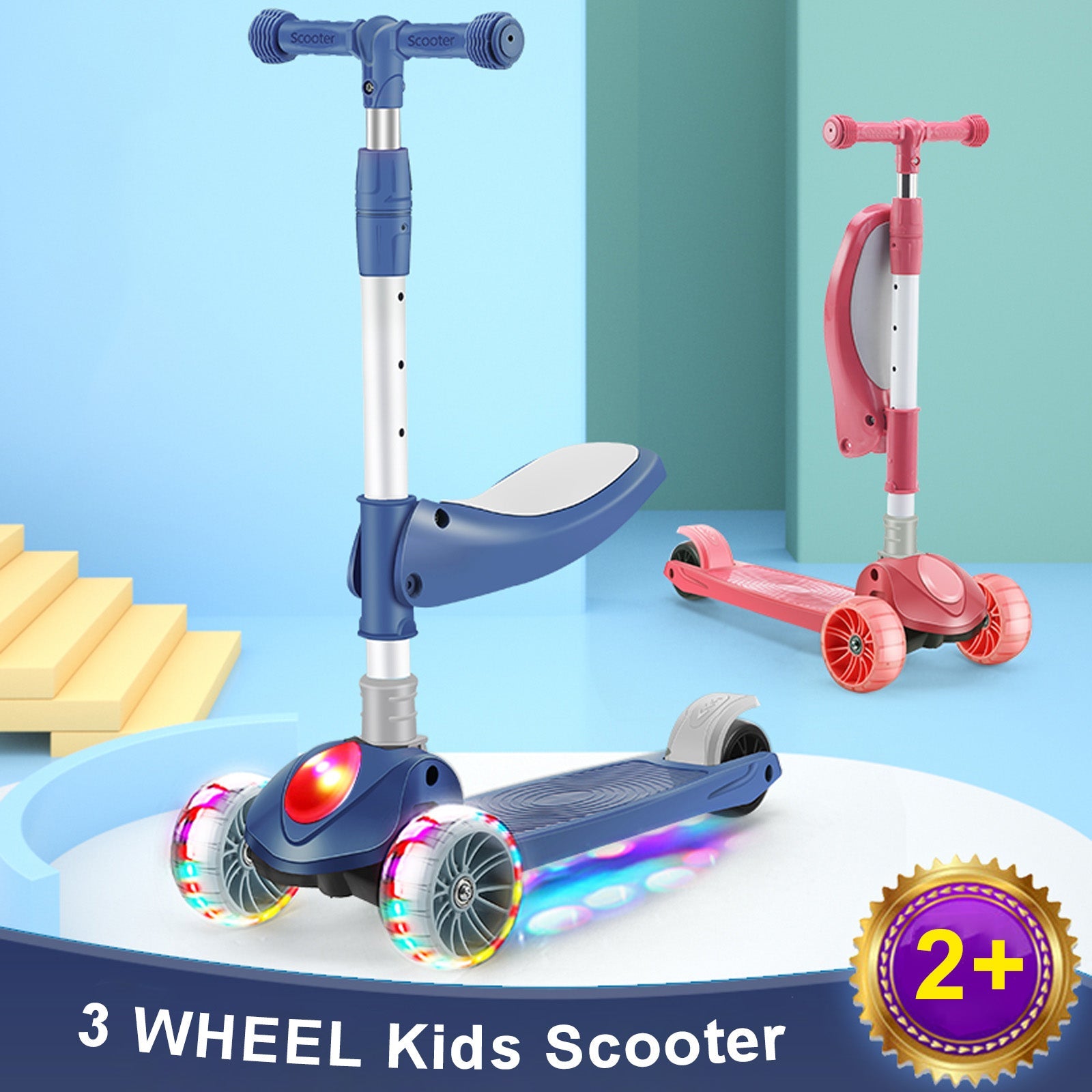 2-in-1 Kids Scooter Foldable Seat Light 3 Wheel Adjustable Folding Bar Blue