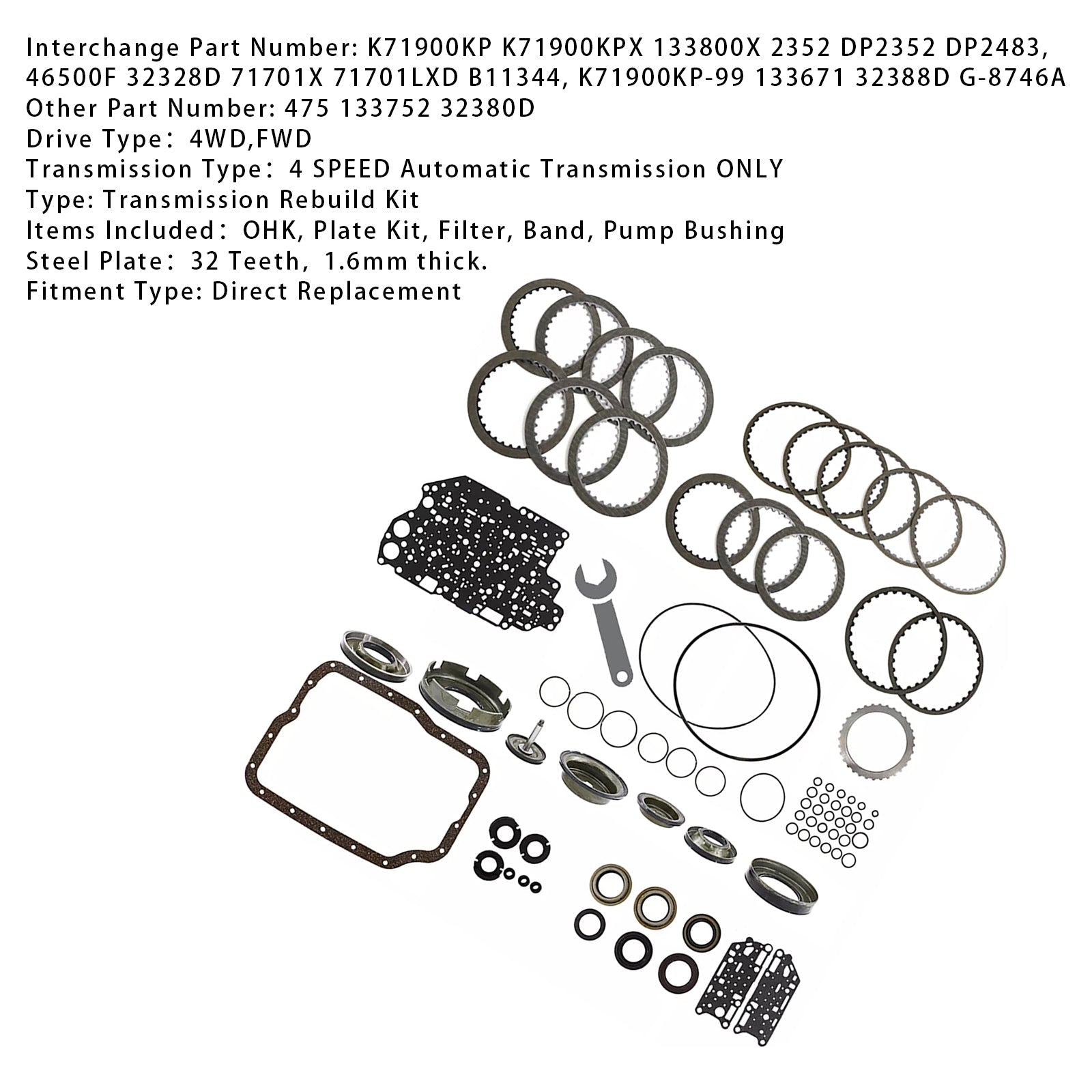 2000-2005 MAZDA FAMILIA 4 SP FWD L4 1.3L 1.5L 1.6L 1.8L 2.0L FN4A-EL 4F27E Transmission Banner Rebuild Kit 99-UP W/Pistons