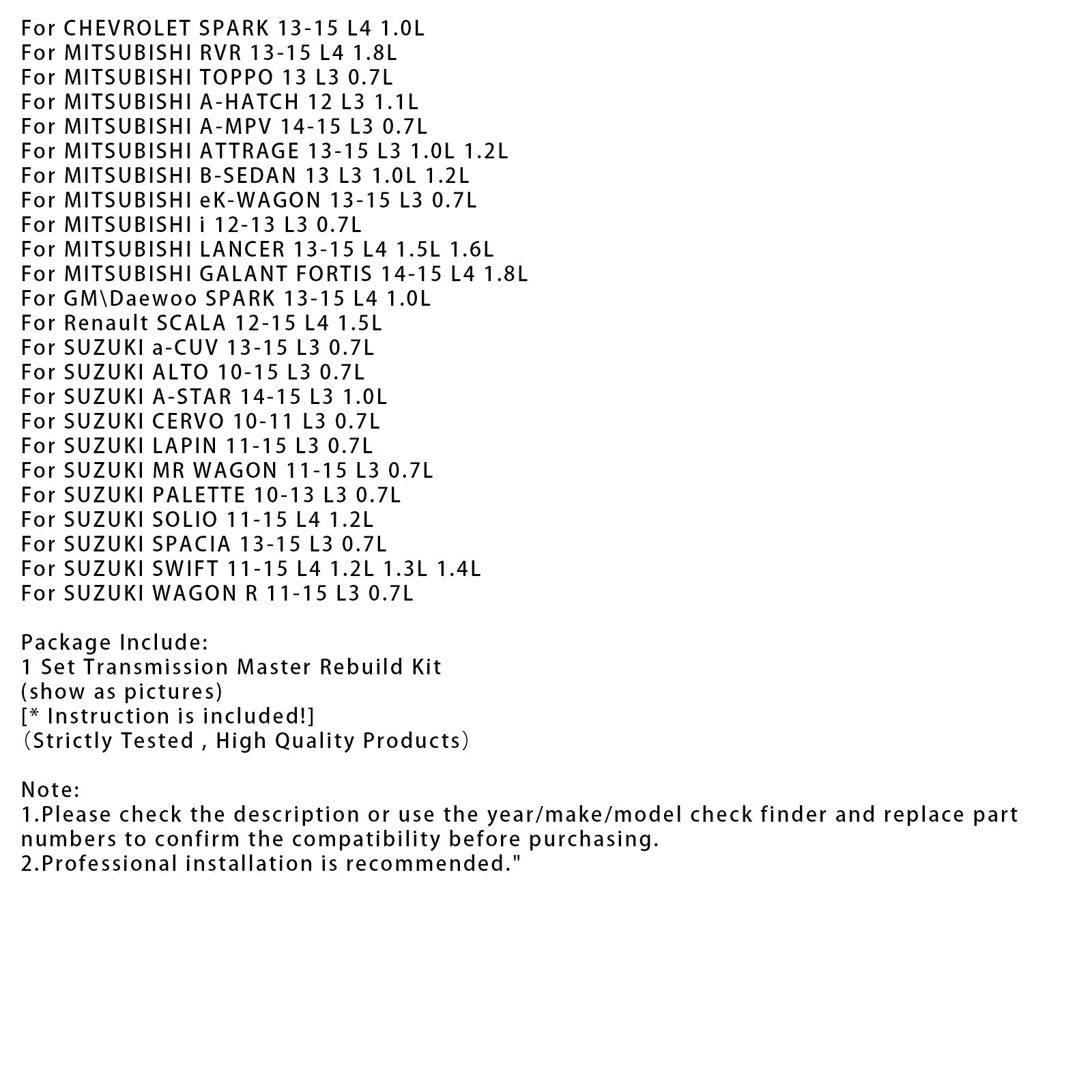 2013 MITSUBISHI B-SEDAN L3 1.0L 1.2L Transmission Master Rebuild Kit & Pulley Set W/ Belt JF015E RE0F11A