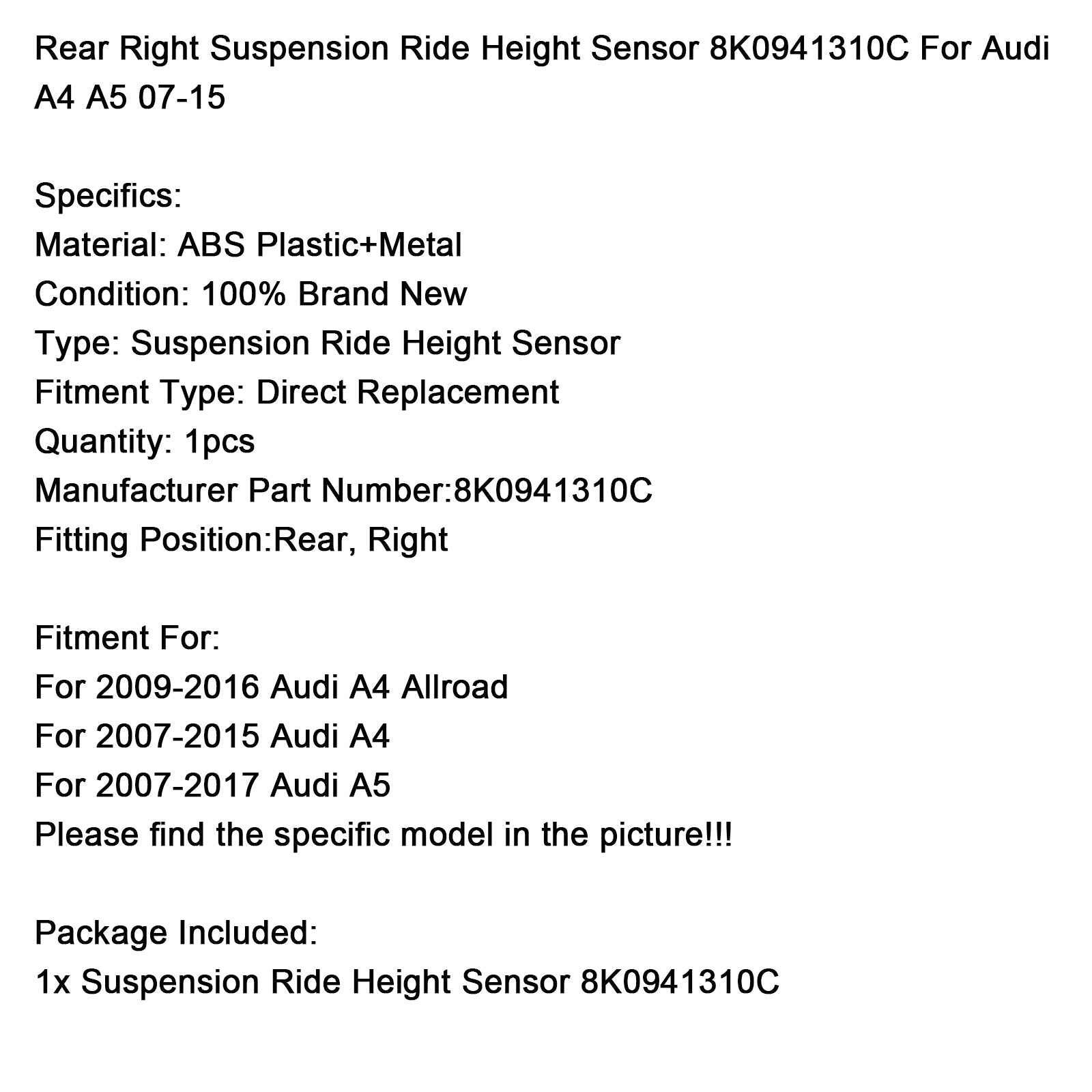 2007-2017 Audi A5 Rear Right Suspension Ride Height Sensor 8K0941310C