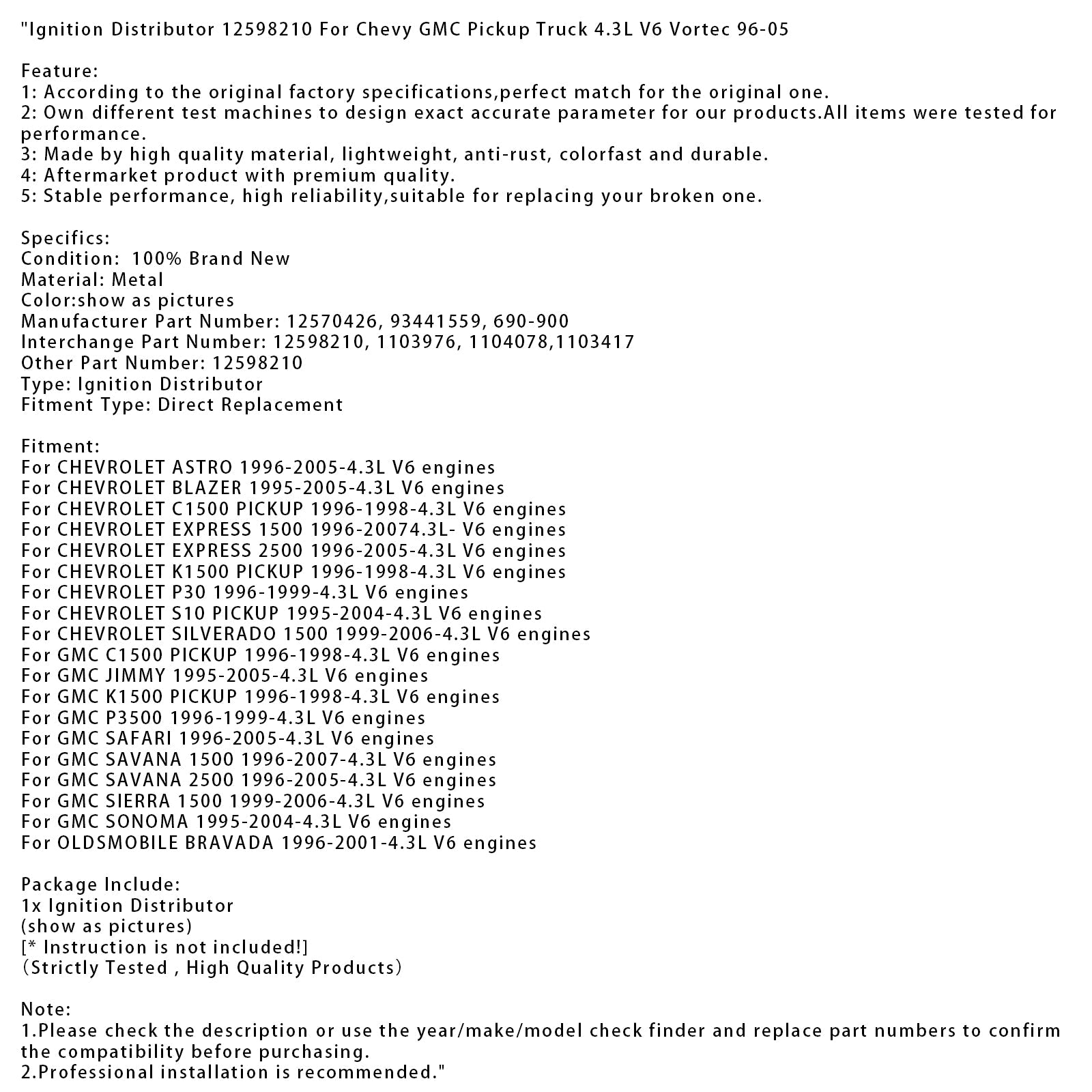 1996-1999 GMC P3500 4.3L V6 engines Ignition Distributor 12598210 12570426