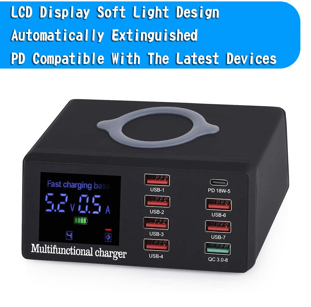 100W 8 Ports USB QC 3.0 Fast PD Quick Adapter Wireless Charging Station UK Plug
