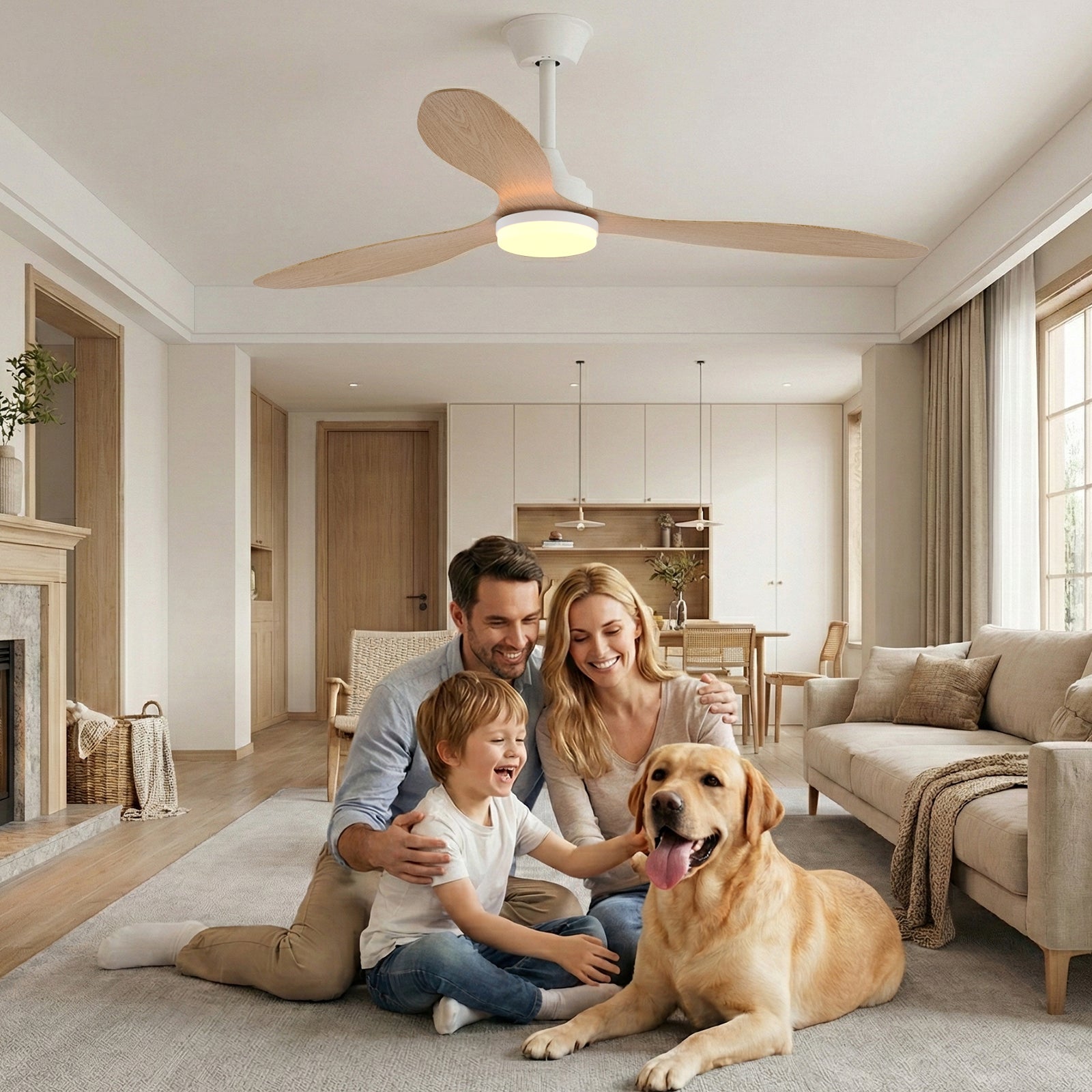 Modern 52" Pendant Ceiling Fan with Light Remote Quiet 6 Speeds Black White