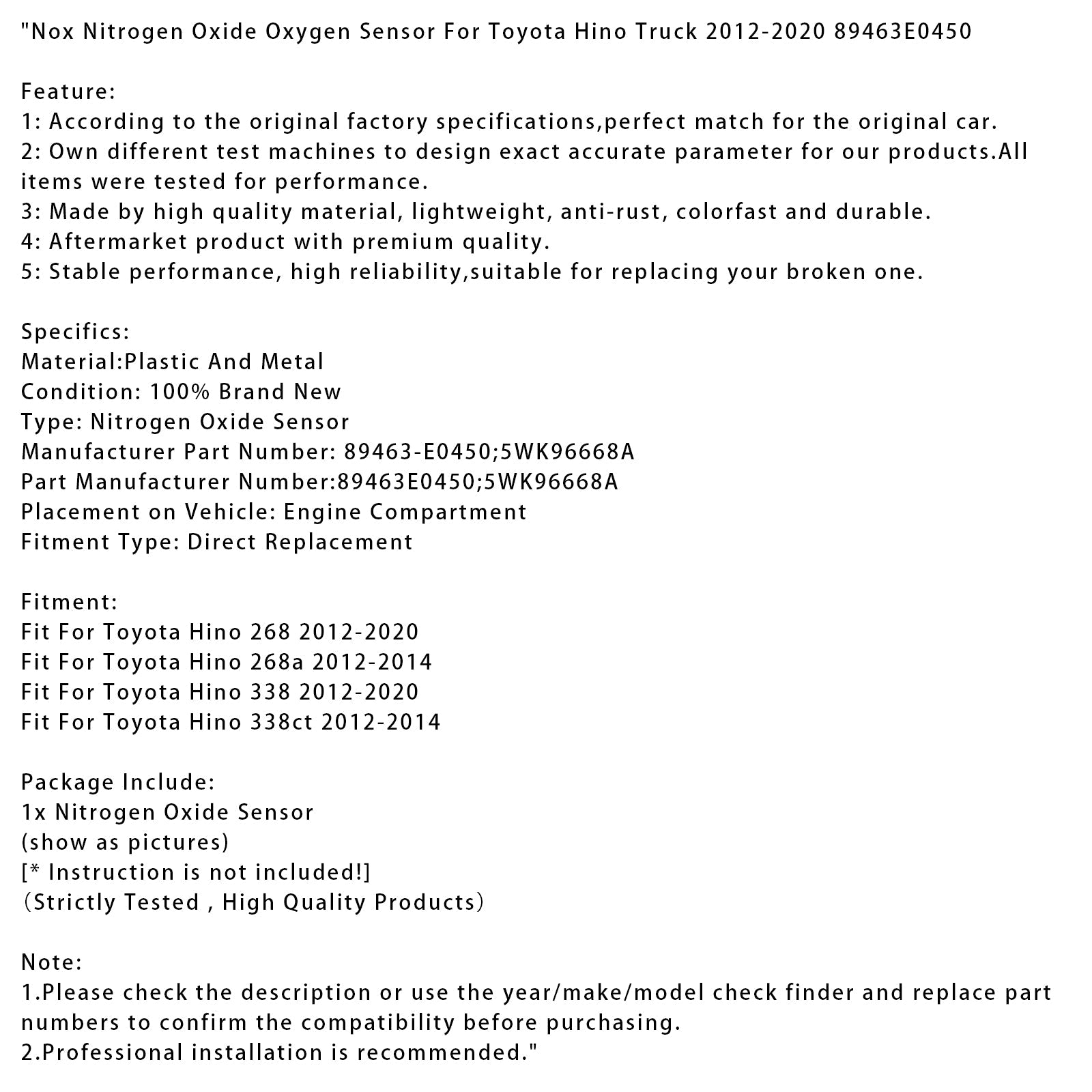 2012-2020 Toyota Hino 268 Nox Nitrogen Oxide Oxygen Sensor 89463E0450