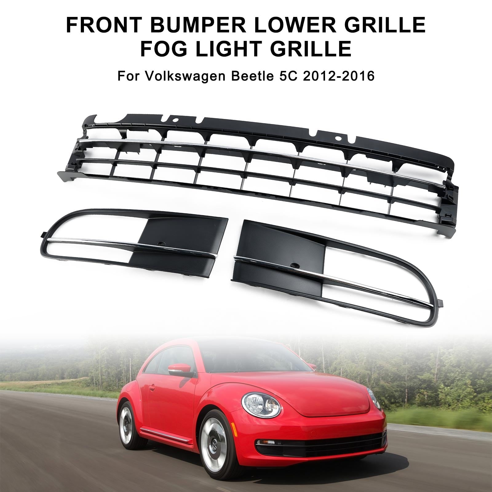2012-2016 VW Beetle W/ Front Bumper Lower Grille + Fog Light Grill Chrome