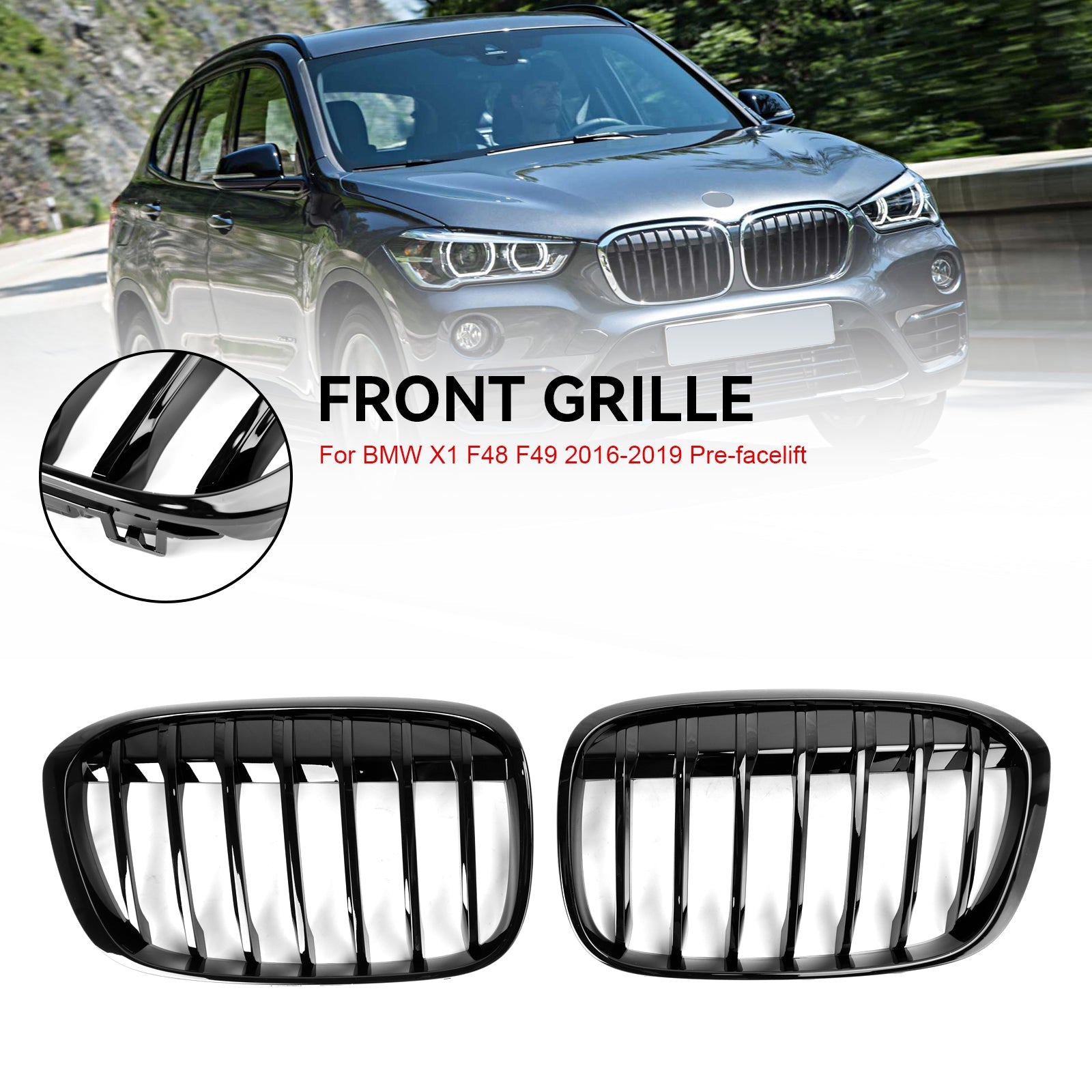 2016-2018 BMW X1 F48 F49 Gloss Black Front Kidney Grille Grill 2PCS