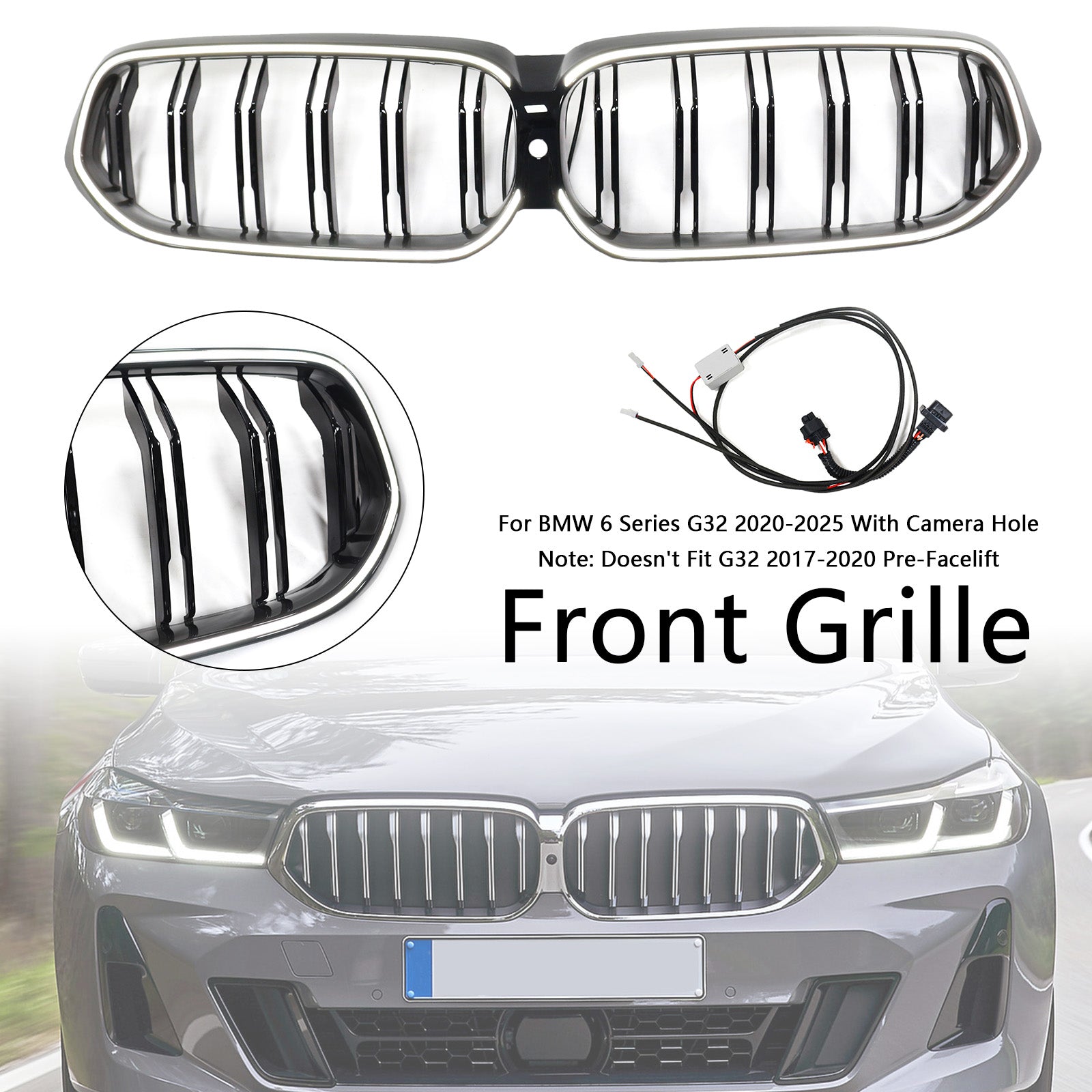 2020-2025 BMW 6 Series G32 Double Slat Black Front Kidney Grill Grille