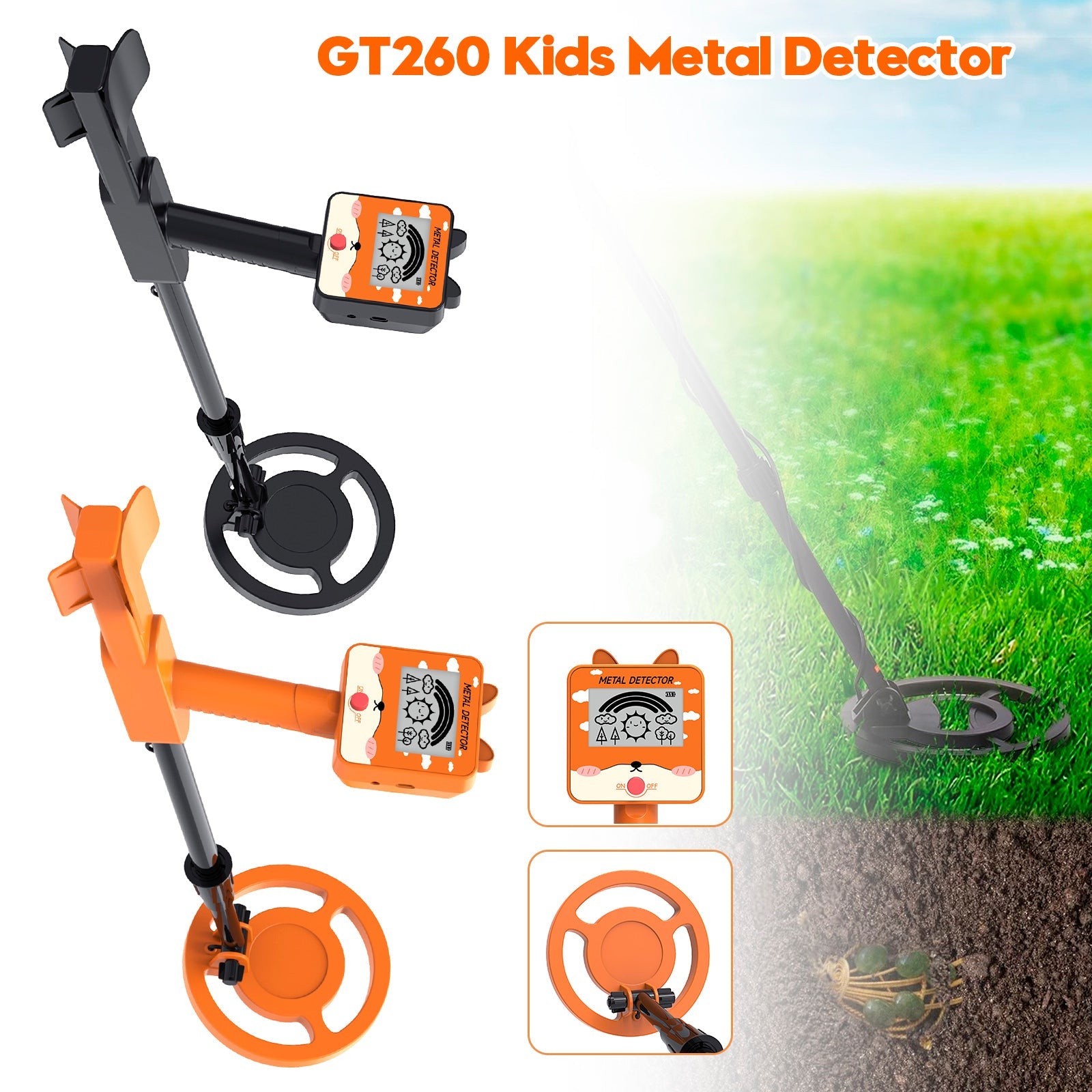 GT260 Kids Child Treasure Seeker Beginners Metal Detector Waterproof 6.3" Coil