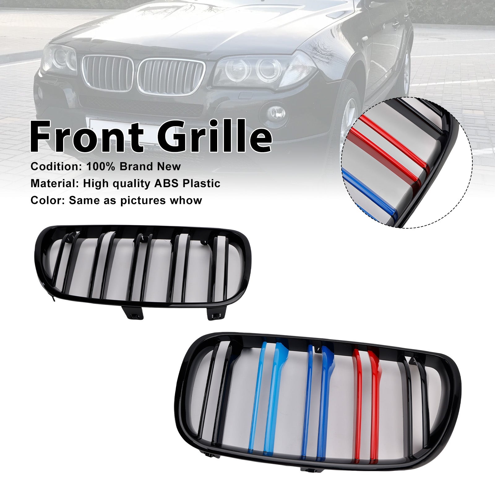 2PCS Gloss Black Front Bumper Grille Grill Fit BMW X3 E83 2007-2010 LCI