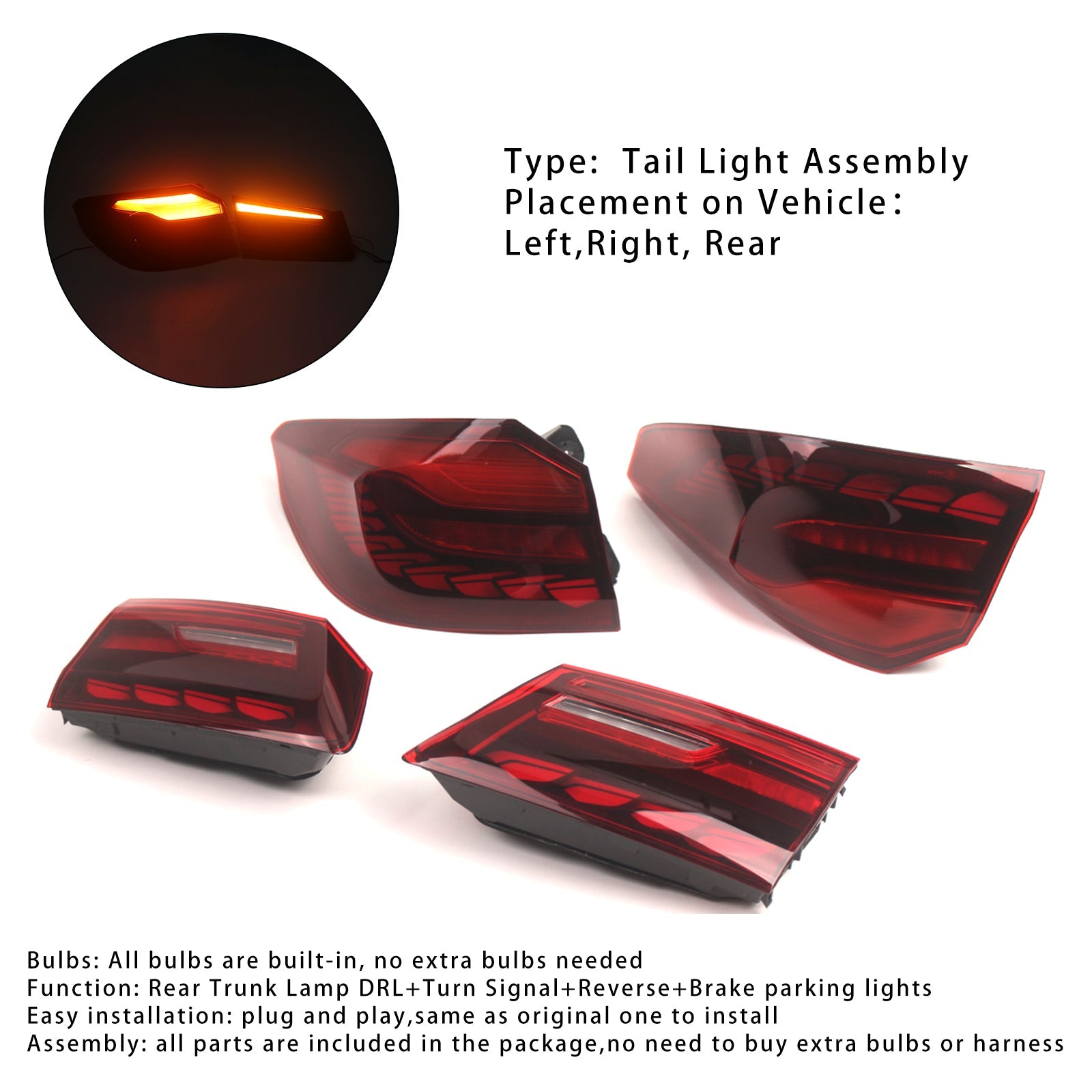 2018-2020 BMW 5 Series G30 G38 L&R Red LED Tail Lights Rear Lamp Assembly