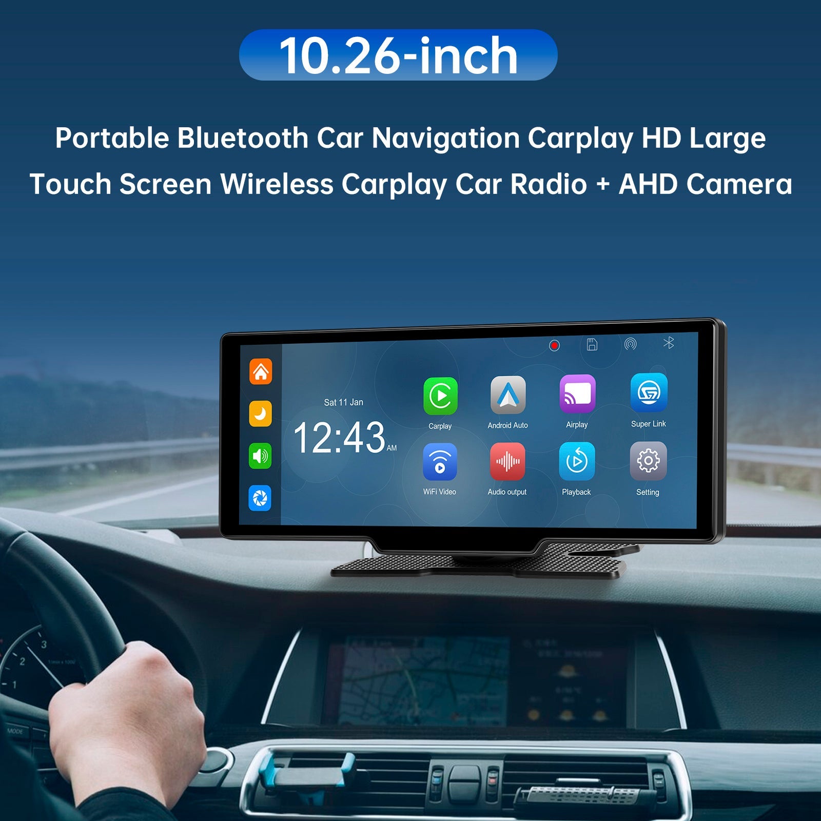 10.77" Portable Bluetooth Car Navigation Wireless Carplay Car Radio AHD Camera