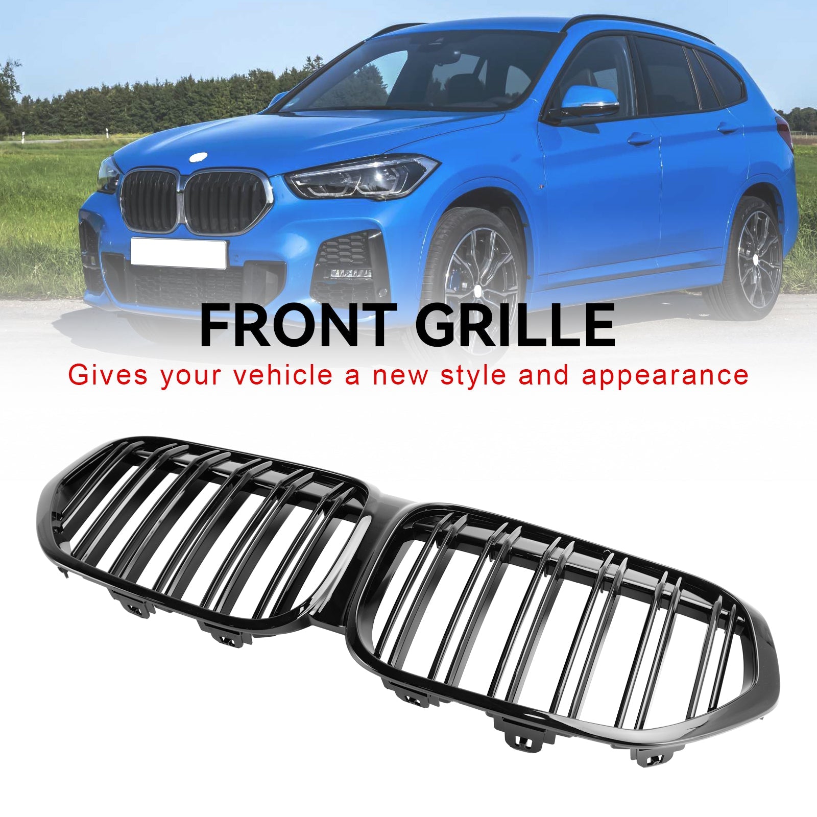 BMW X1 F48 F49 Dual Slat 2019-2021 Gloss Black Front Kidney Grille Grill