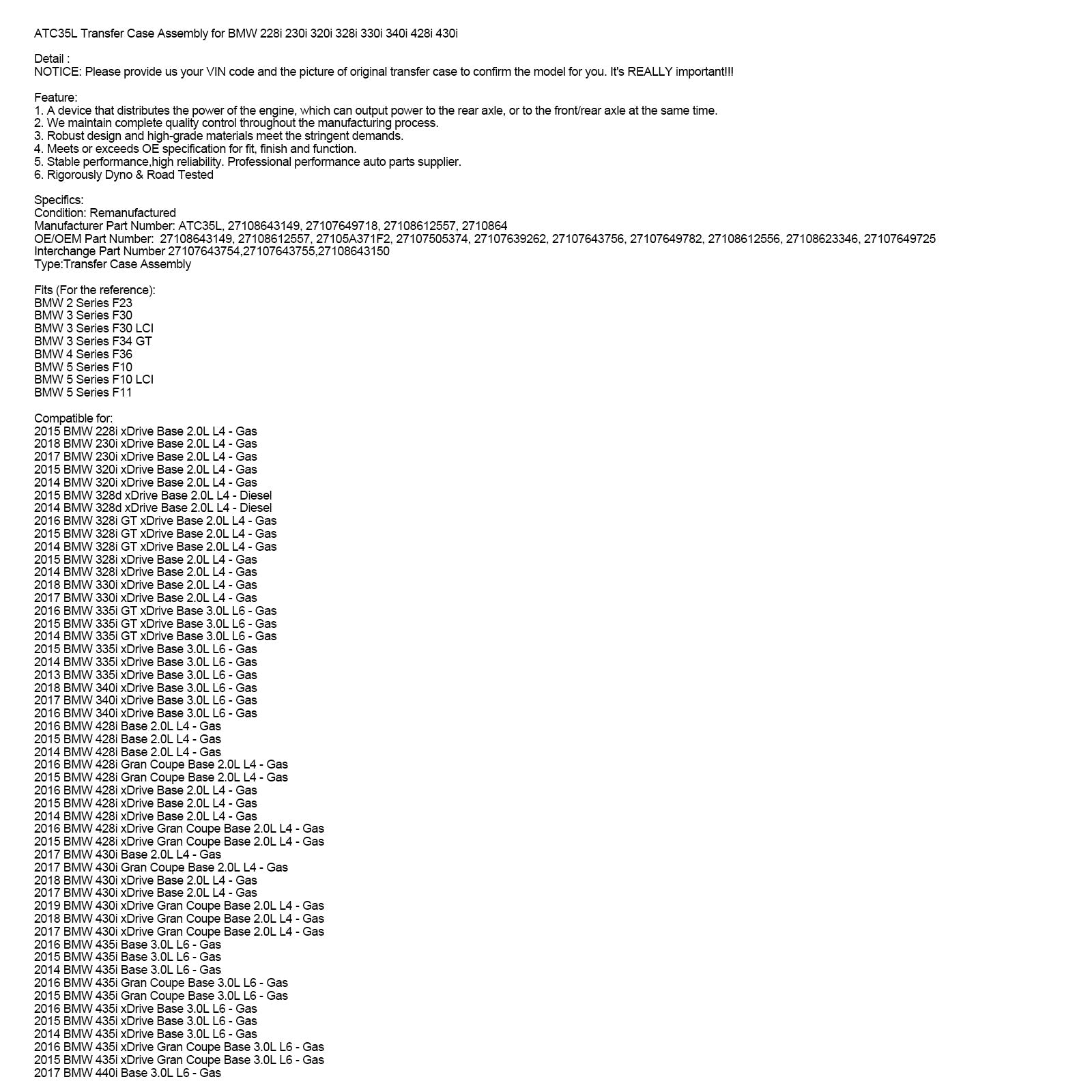 2017 BMW 440i Gran Coupe Base 3.0L L6 - Gas Transfer Case Assembly ATC35L 27108643149