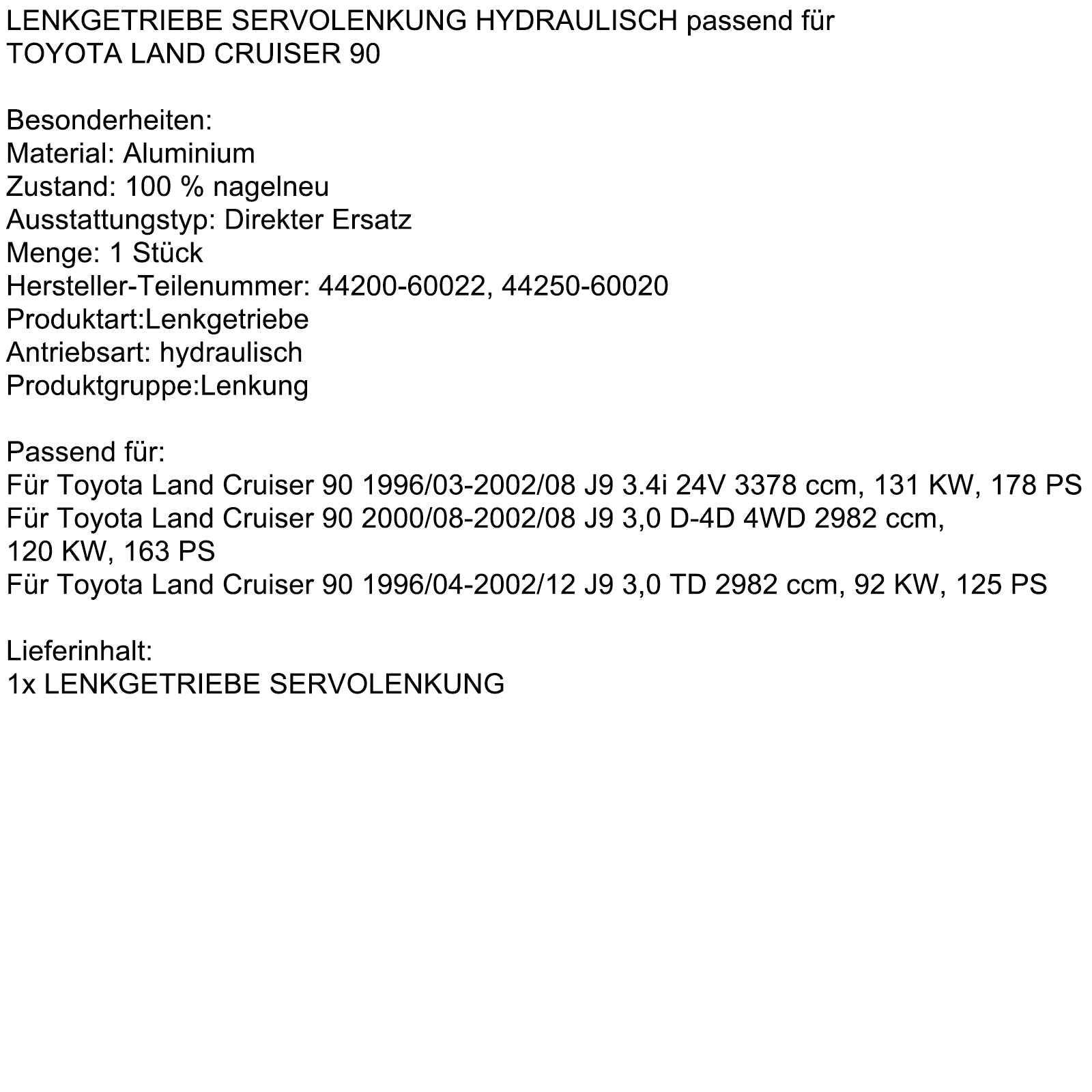 1996/04-2002/12 Toyota Land Cruiser 90 J9 3.0 TD 2982 cc Hydraulic Power Steering Gear 44200-60022 44250-60020