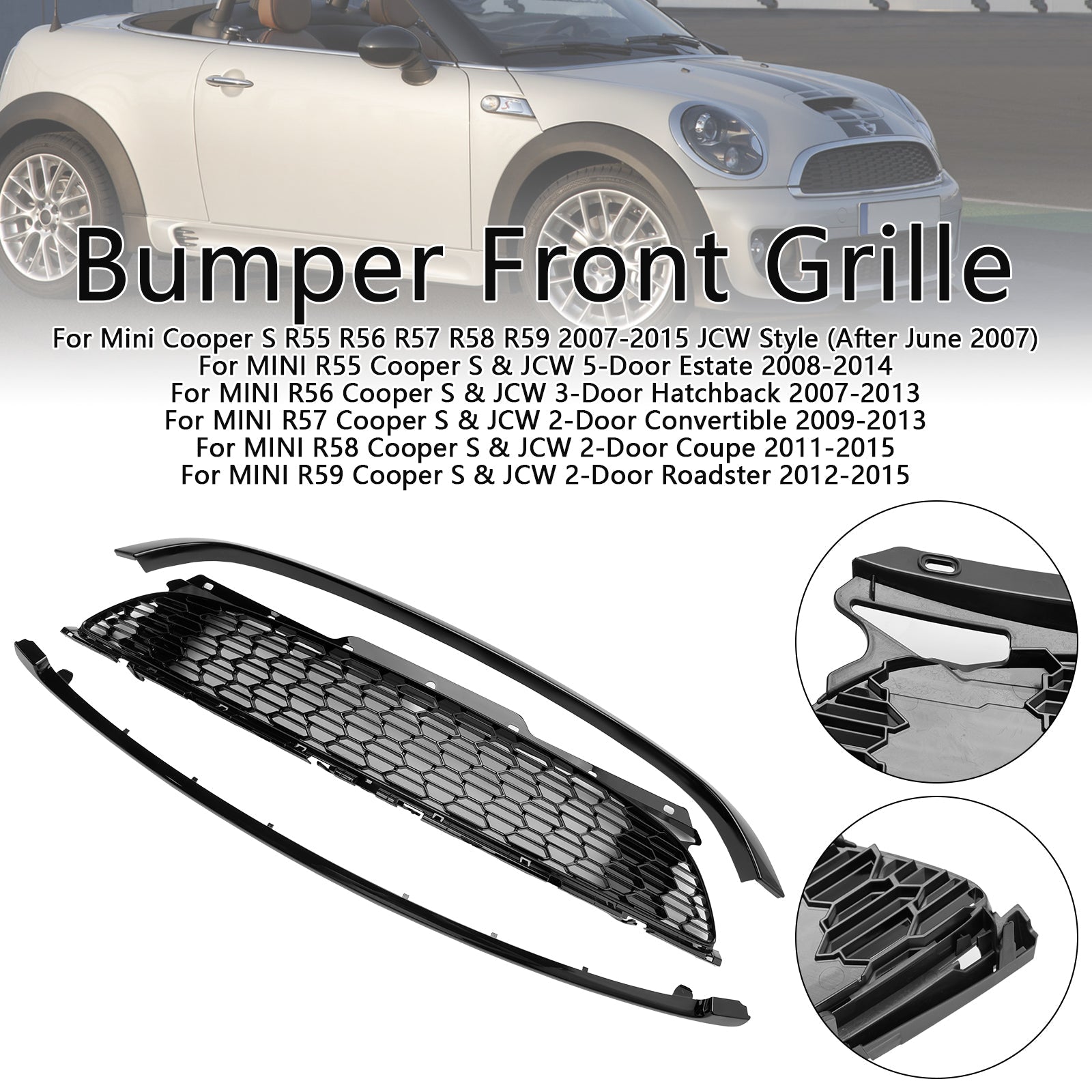2007-2013 MINI R56 Cooper S & JCW 3-Door Hatchback 3PCS Gloss Black Front Grill Grille