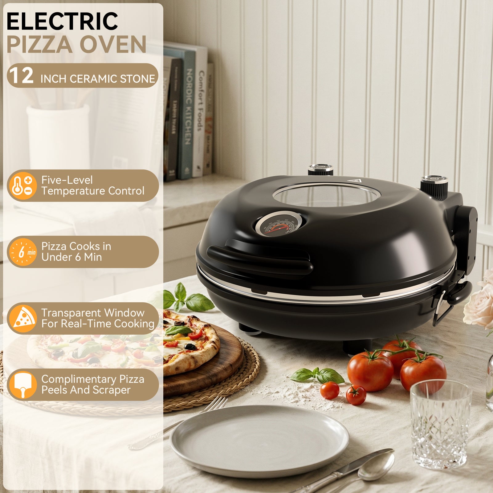 Electric Pizza Maker–12 Inch Electric Pizza Oven Indoor Countertop Maker with Ceramic Stone Heats up to 800˚F