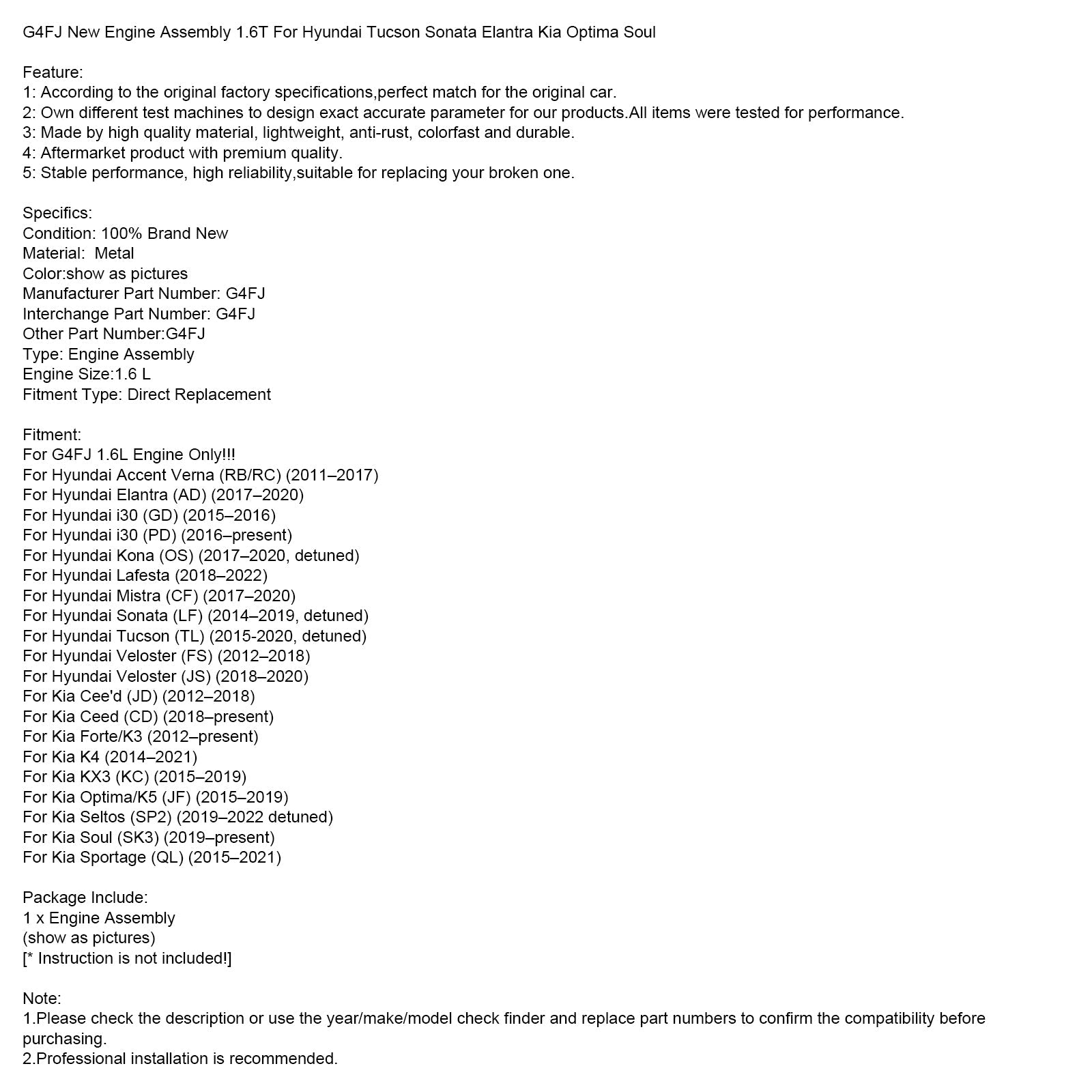 2015-2020 Hyundai Tucson (TL) G4FJ New Engine Assembly 1.6T