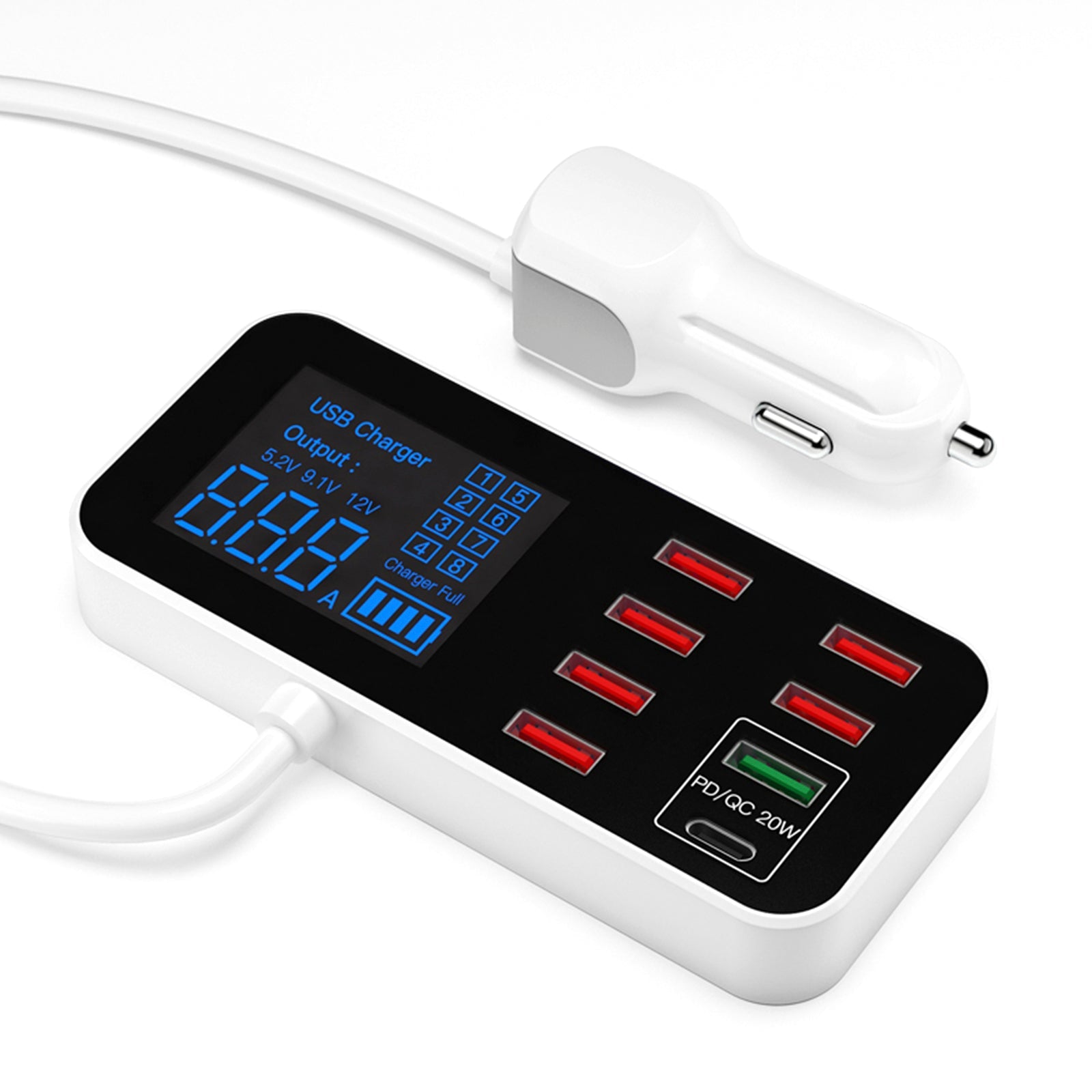 USB Charger PD5V1A QC3.0 Display Small Car 8 Port Car Charger Cigarette Lighter