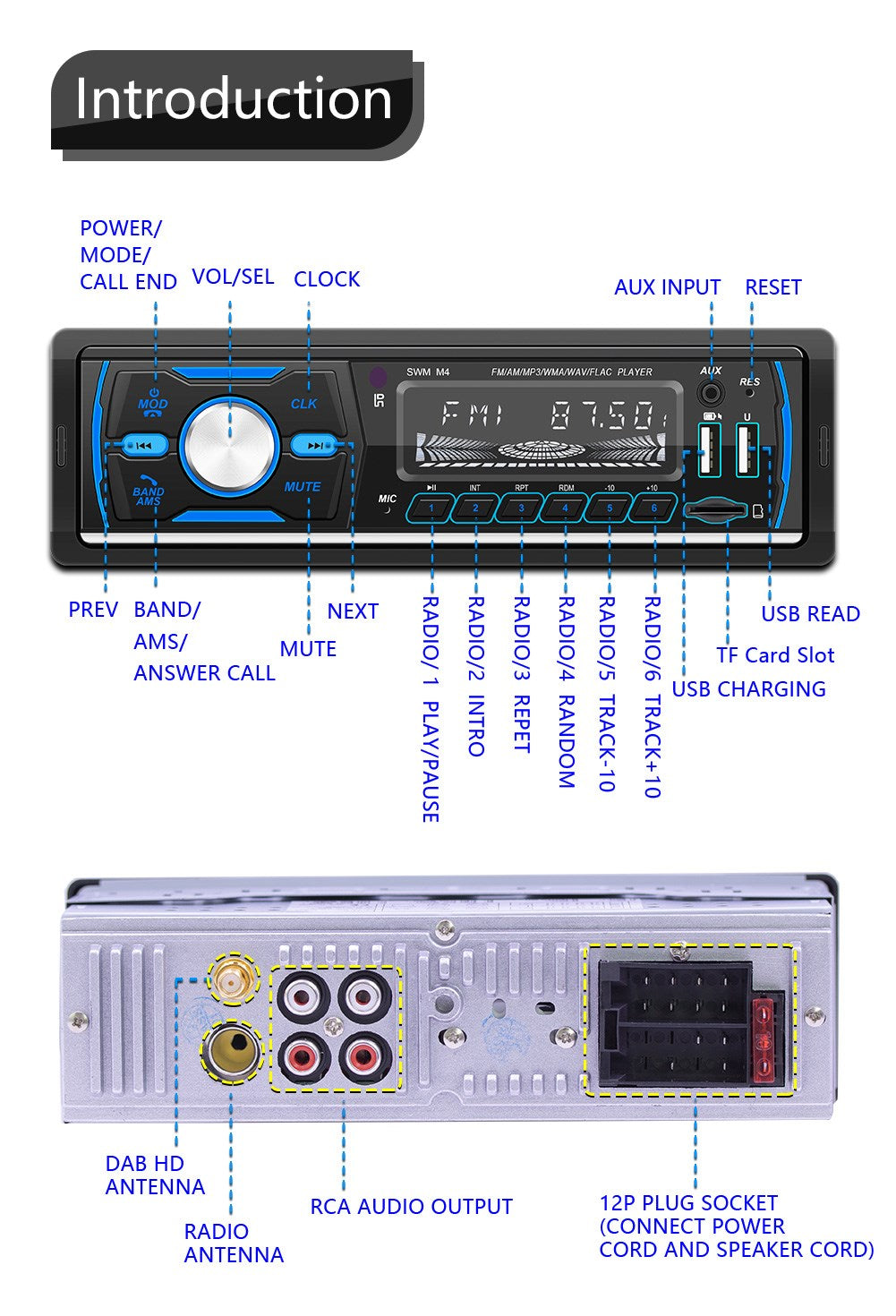 Car Radio Stereo 1Din Bluetooth FM Audio Music Player DAB/MP3/USB/AUX In-dash