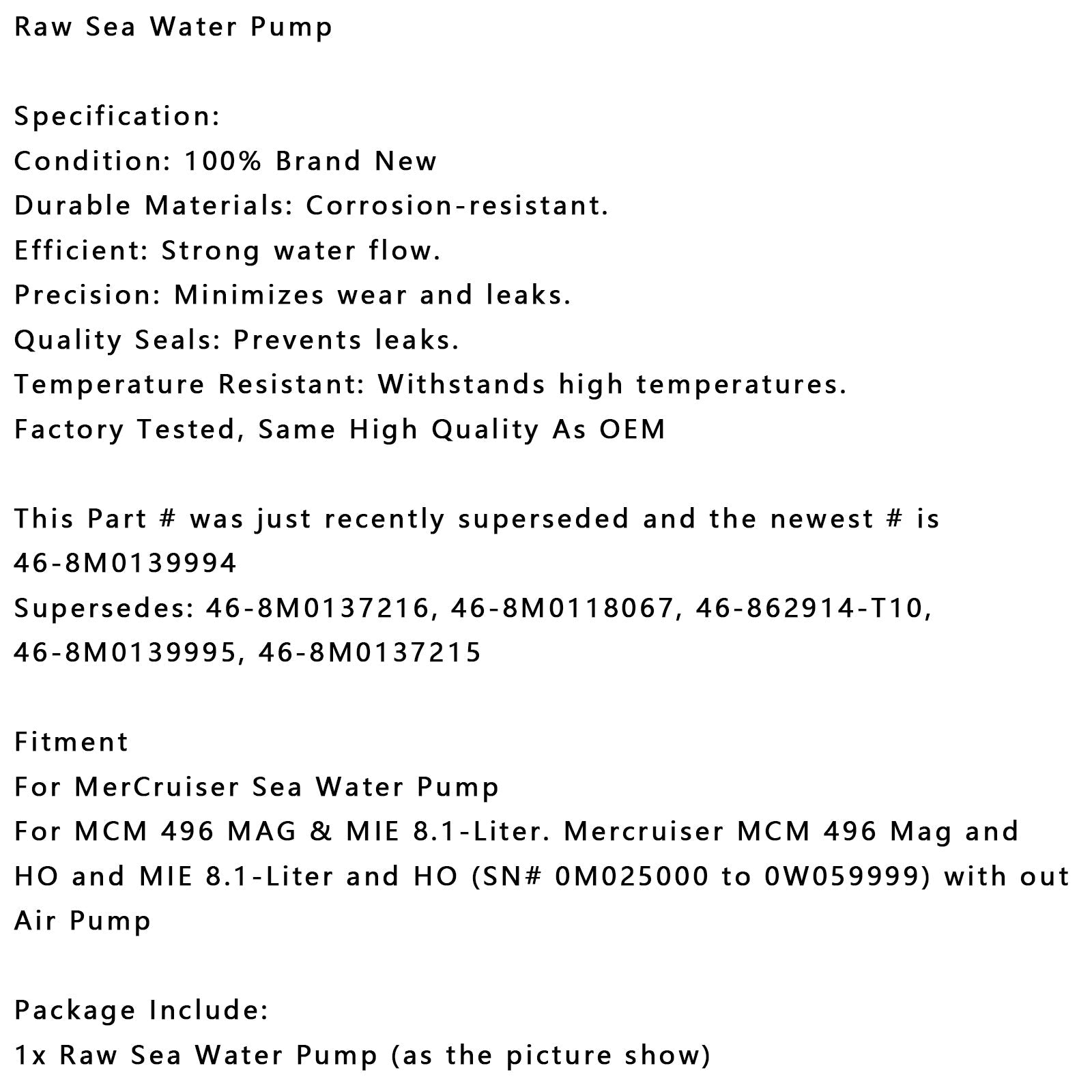 Raw Sea Water Pump For MerCruiser Mercury Quicksilver 46-8M0139994 8M0137215