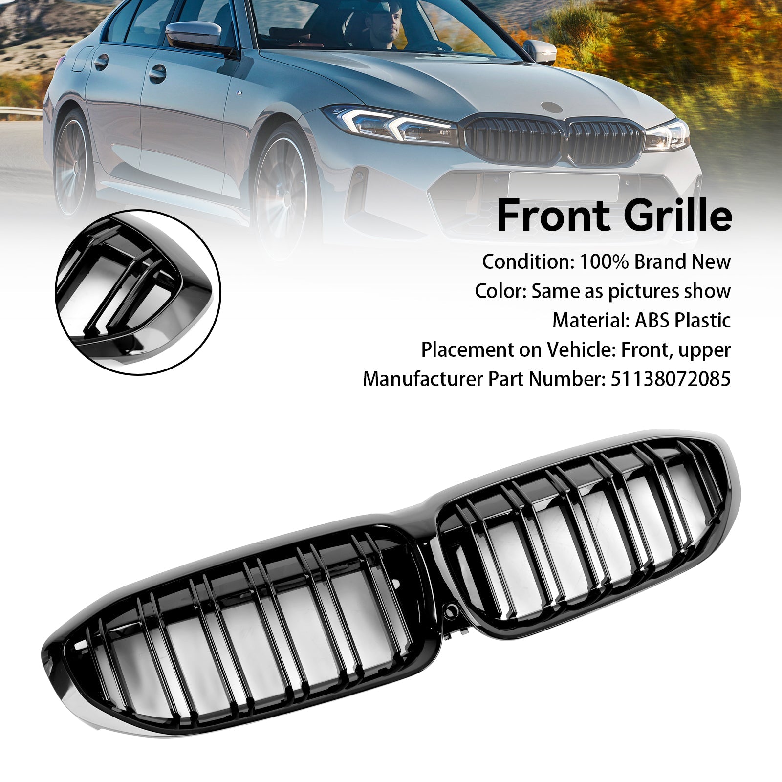 2019-2022 BMW 3 Series G20 G28 Black Dual Slat Kidney Grille Grill 51138072085