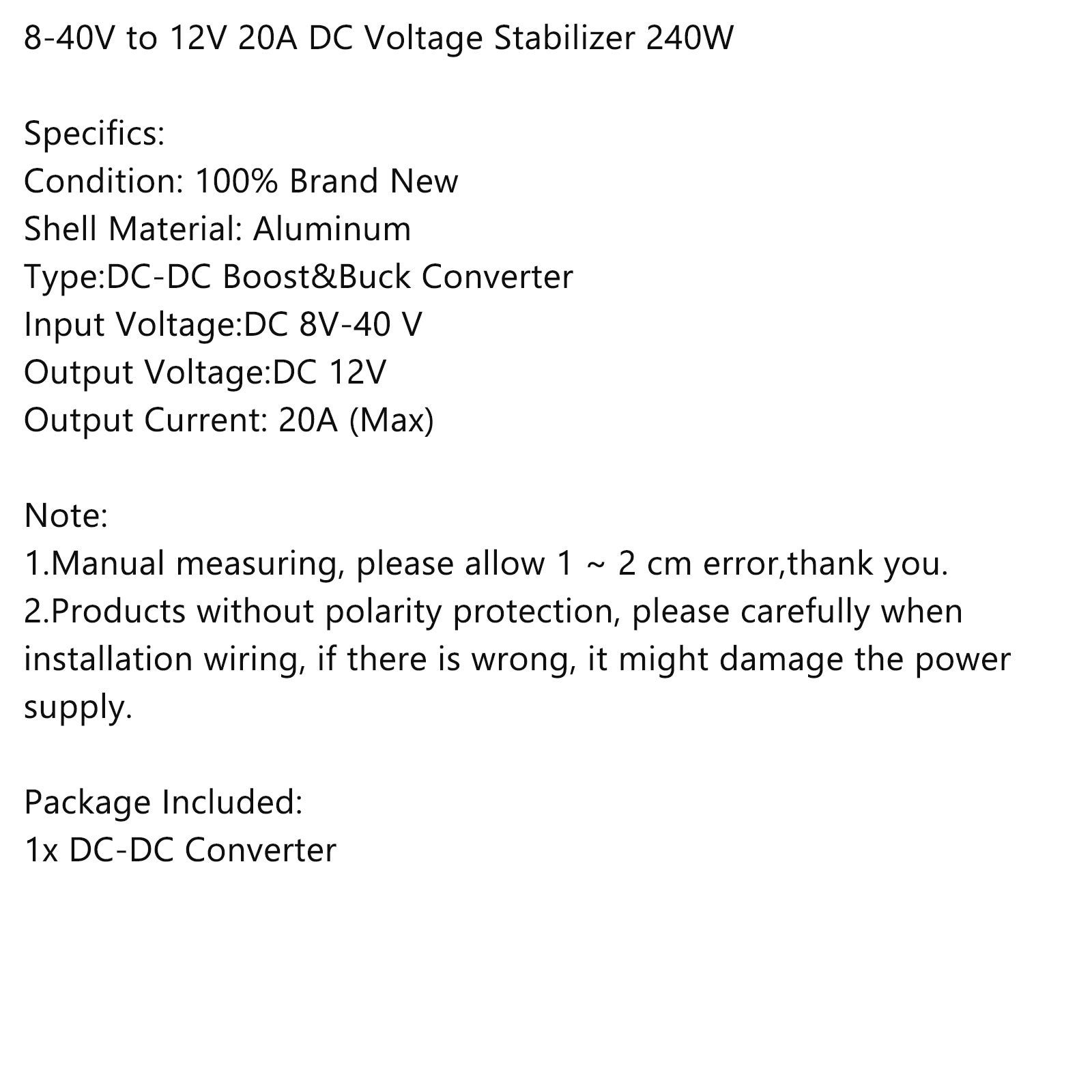 8-40V to 12V 20A DC Voltage Stabilizer Car Power Supply Regulator Waterproof