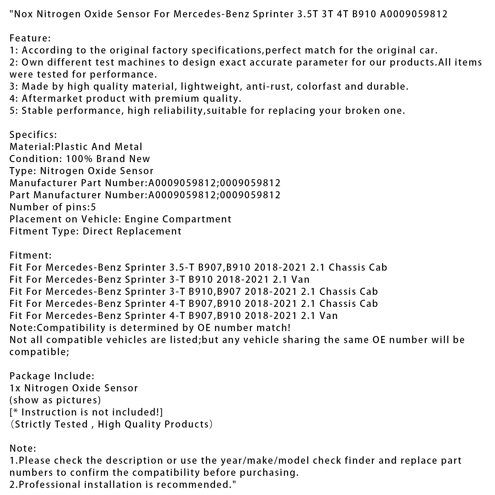 2018-2021 Mercedes-Benz Sprinter 3-T B910 2.1 Van Nox Nitrogen Oxide Sensor A0009059812