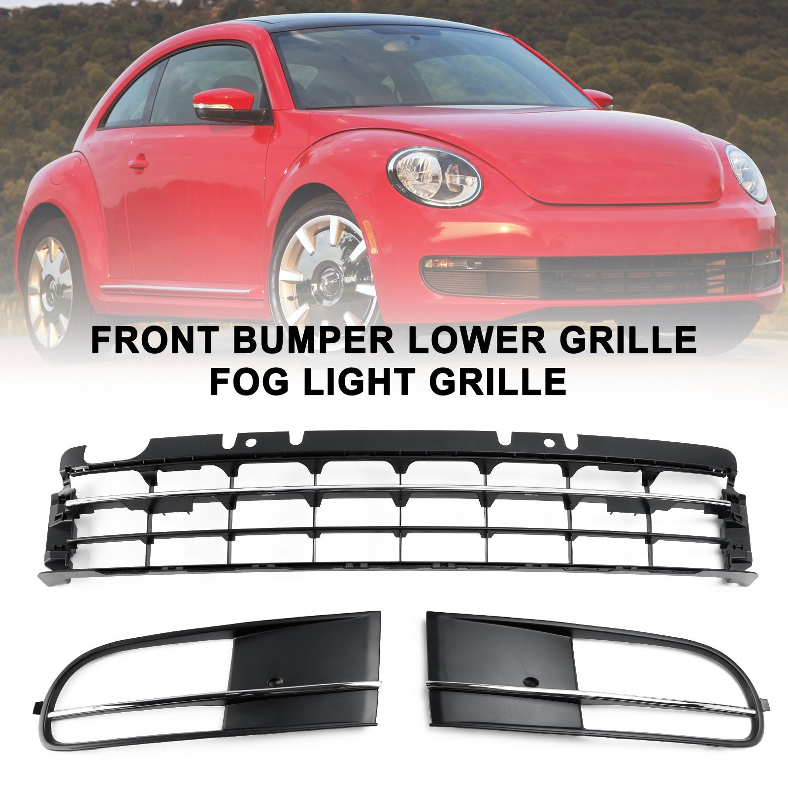 2012-2016 VW Beetle W/ Front Bumper Lower Grille + Fog Light Grill Chrome