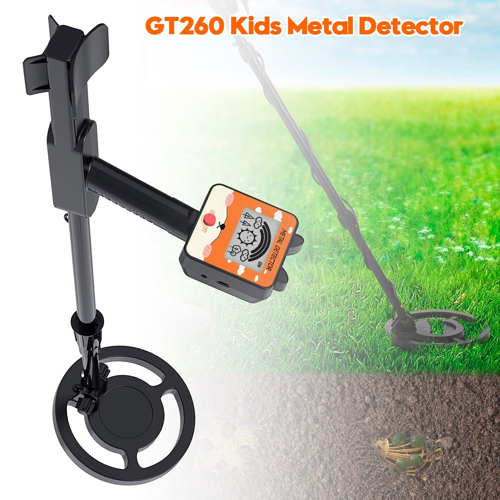 GT260 Kids Child Treasure Seeker Beginners Metal Detector Waterproof 6.3" Coil