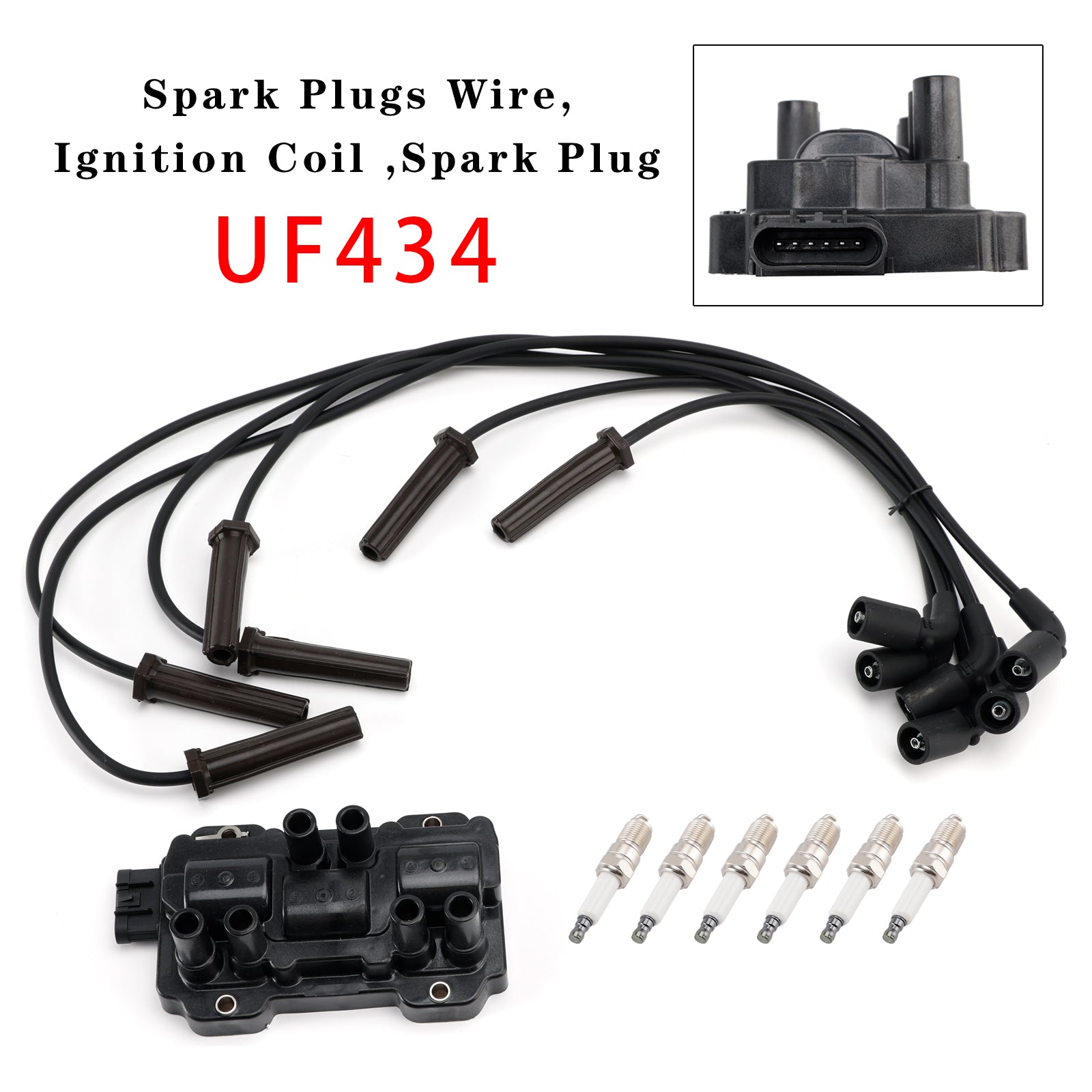 1x Ignition Coil + 6x Spark Plugs +6x Wire Pack UF434 For Chevrolet GMC Pontiac