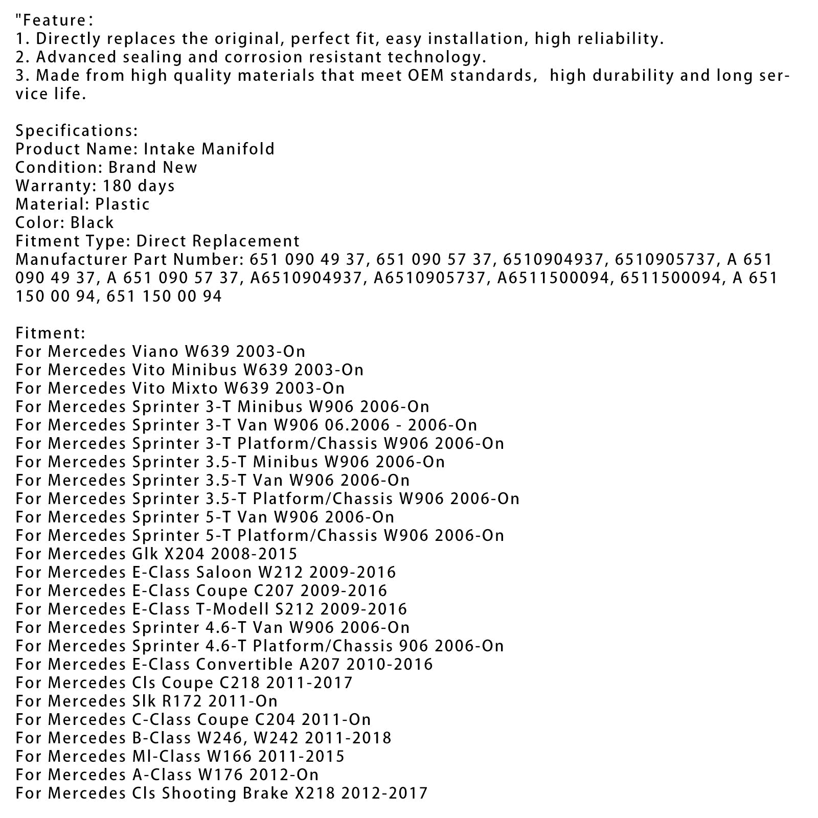 2011-2017 Mercedes Cls Coupe C218 Inlet Manifold W/ Actuator Motor 6510904937 A6511500094