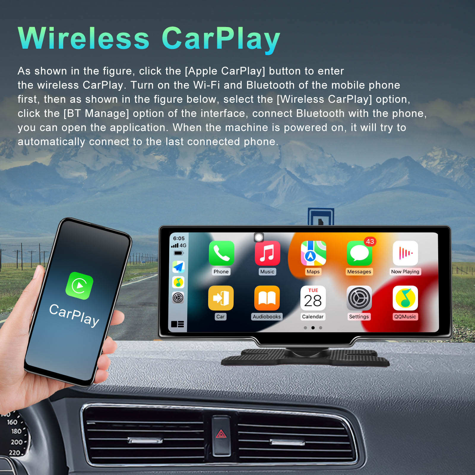 10.77" Portable Bluetooth Car Navigation Wireless Carplay HD Large Touch Screen