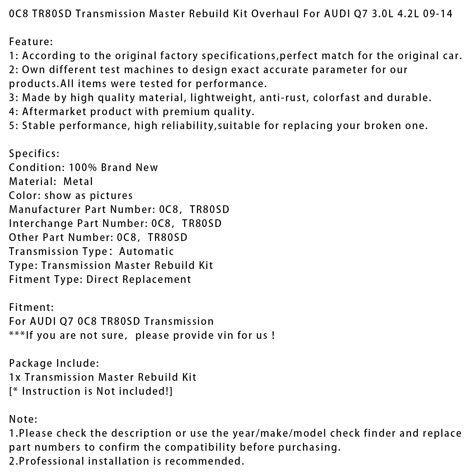 0C8 TR80SD Transmission Master Rebuild Kit Overhaul For AUDI Q7 3.0L 4.2L 09-14