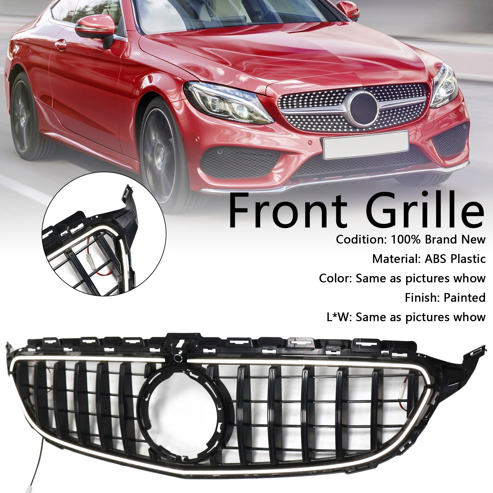 2015-2021 Mercedes W205 C250 C300 W/LED Black Front Bumper Grill Grille