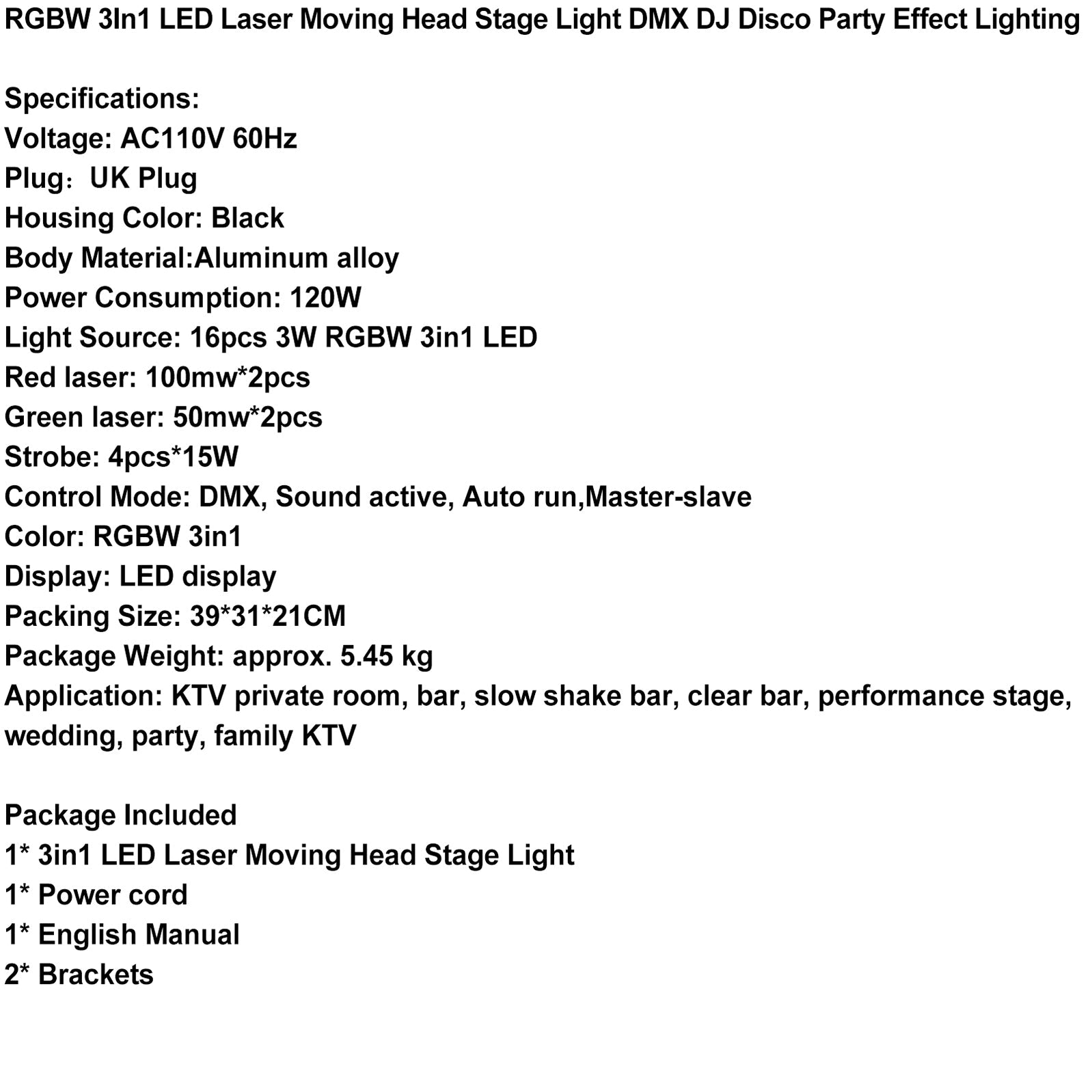 RGBW 3In1 LED Laser Moving Head Stage Light DMX DJ Disco Party Effect Lighting