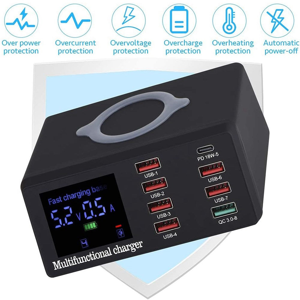 100W 8 Ports USB QC 3.0 Fast PD Quick Adapter Wireless Charging Station UK Plug