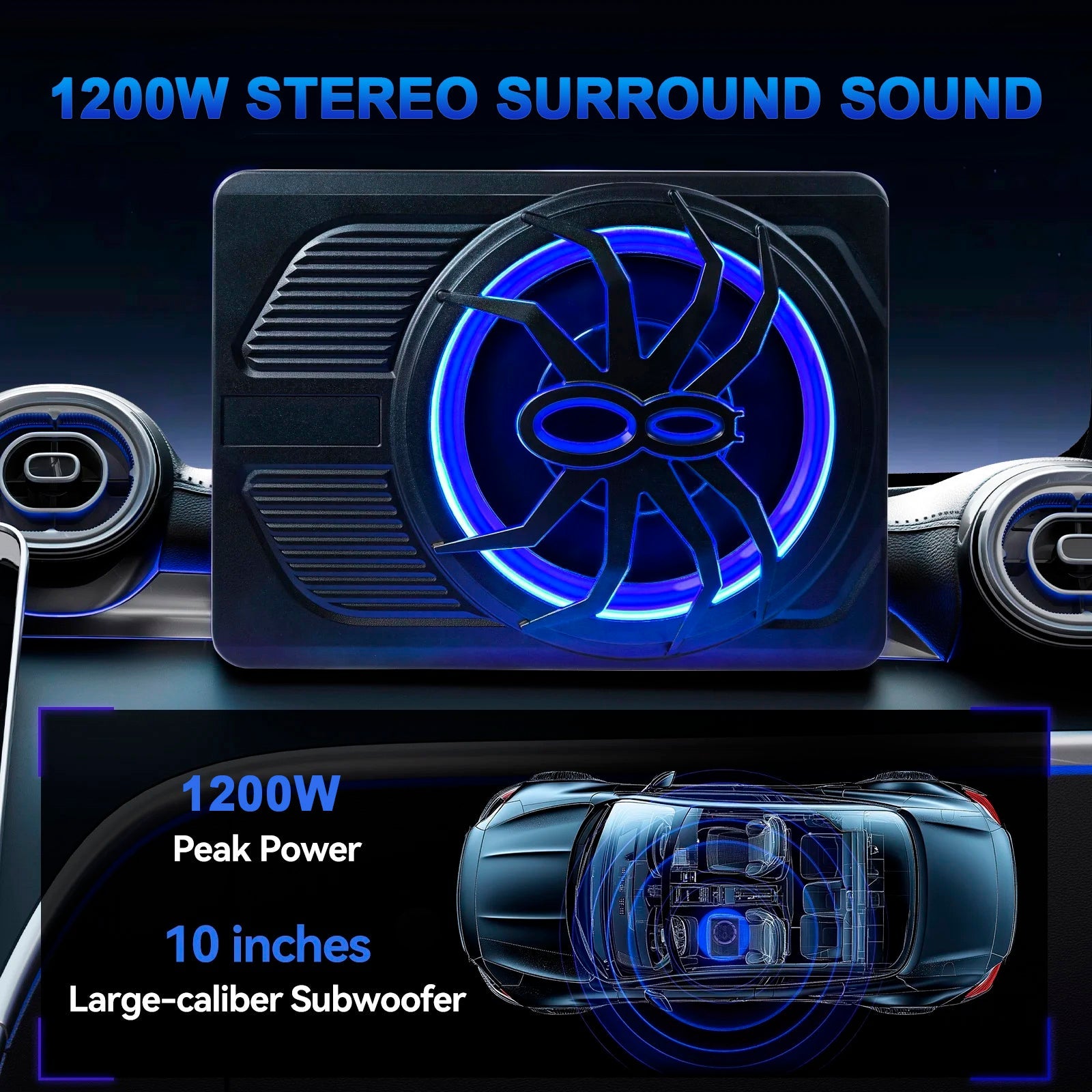 1200W Car Subwoofer 10" 12V Slim Under Seat Powered Car Subwoofer APP Control