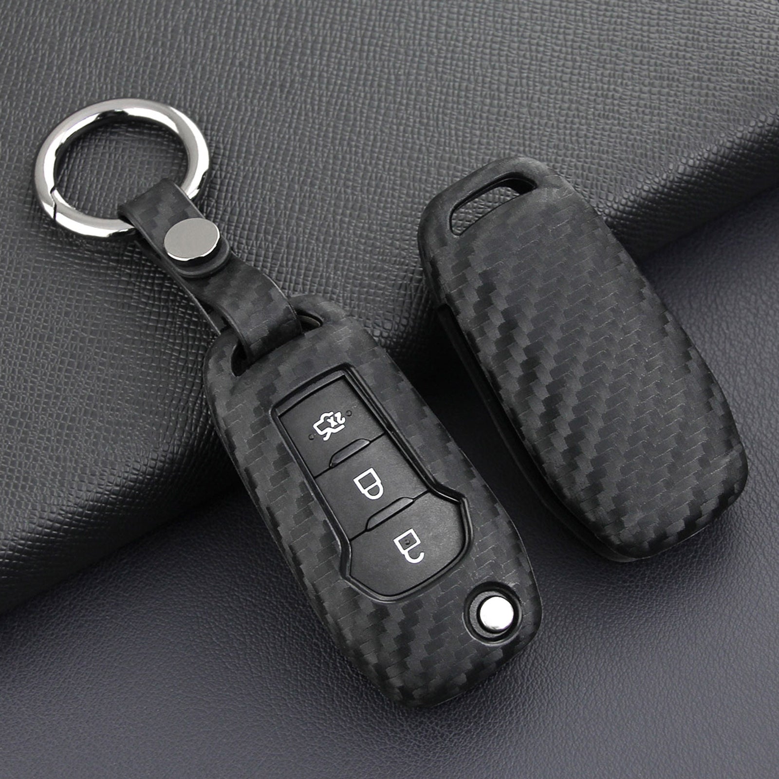 Leather Silicone Car Key Case Cover With Buckle For Ford
