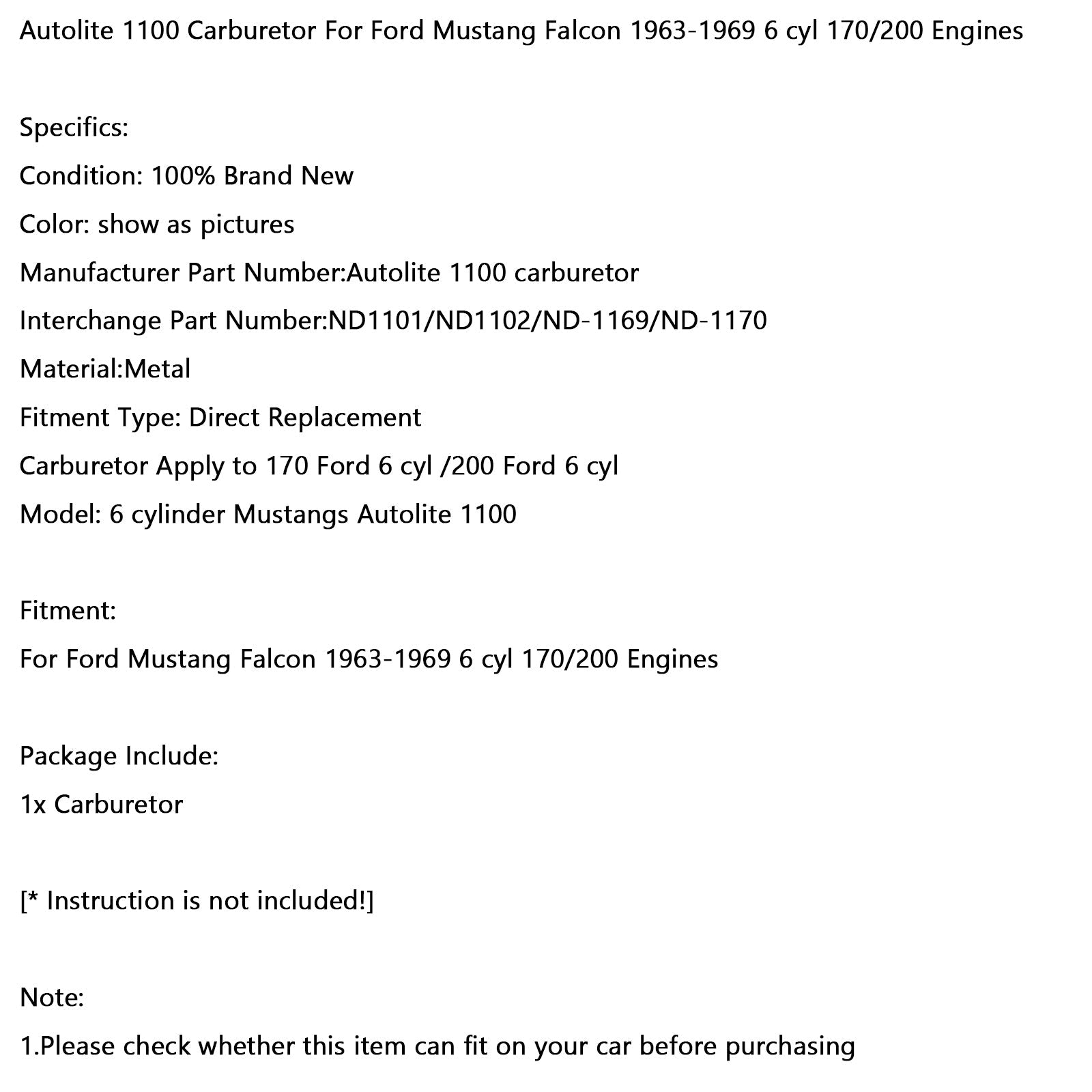 1963-1969 Ford Mustang Falcon 6 cyl 170/200 Engines Autolite 1100 Carburetor