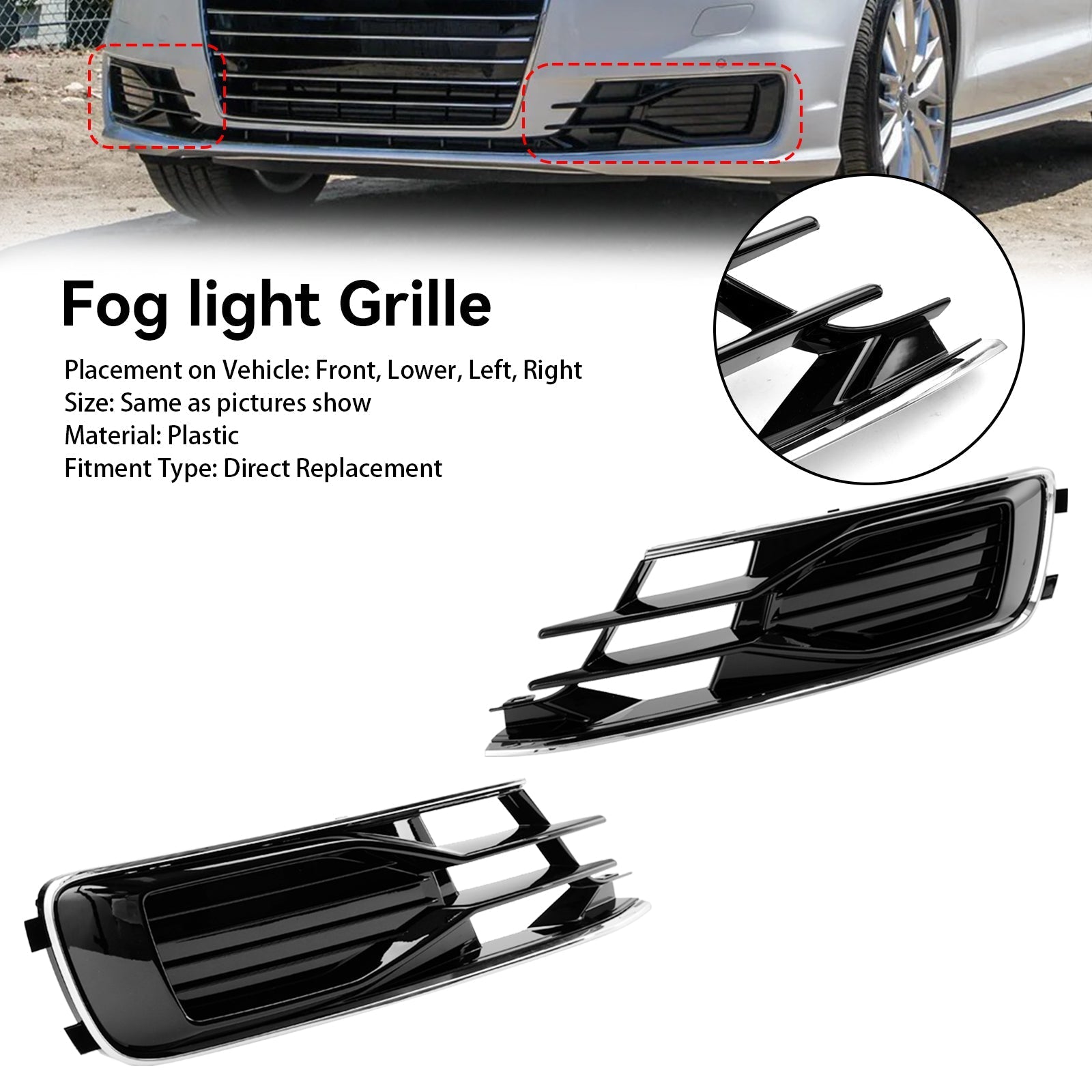 2014-2018 Audi A6 C7 2PCS Front Bumper Foglight Cover Grill Black Chrome